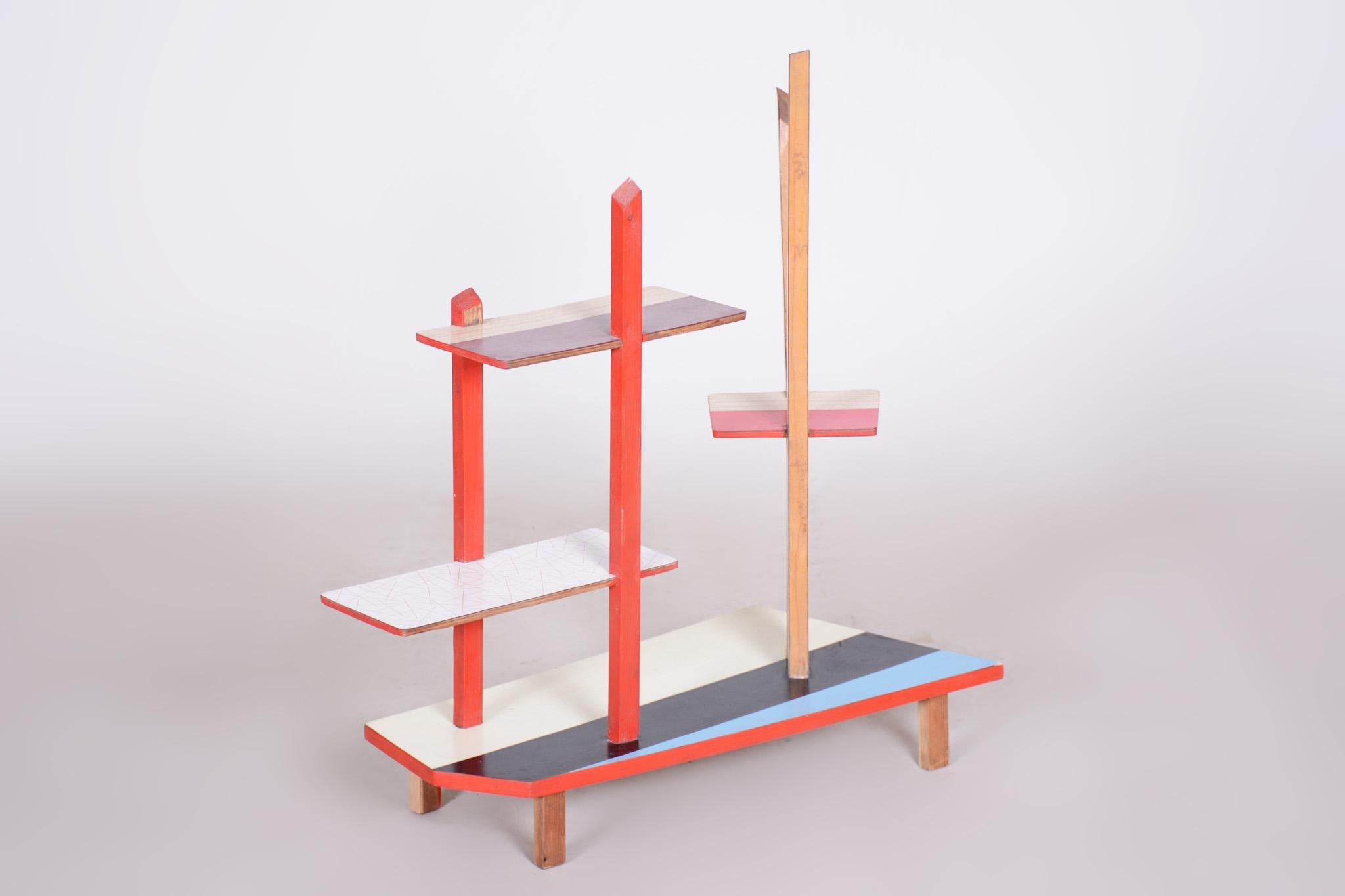 Wood Czech Midcentury Blue and Red Flower Stand, Beech and Formica, 1950s For Sale