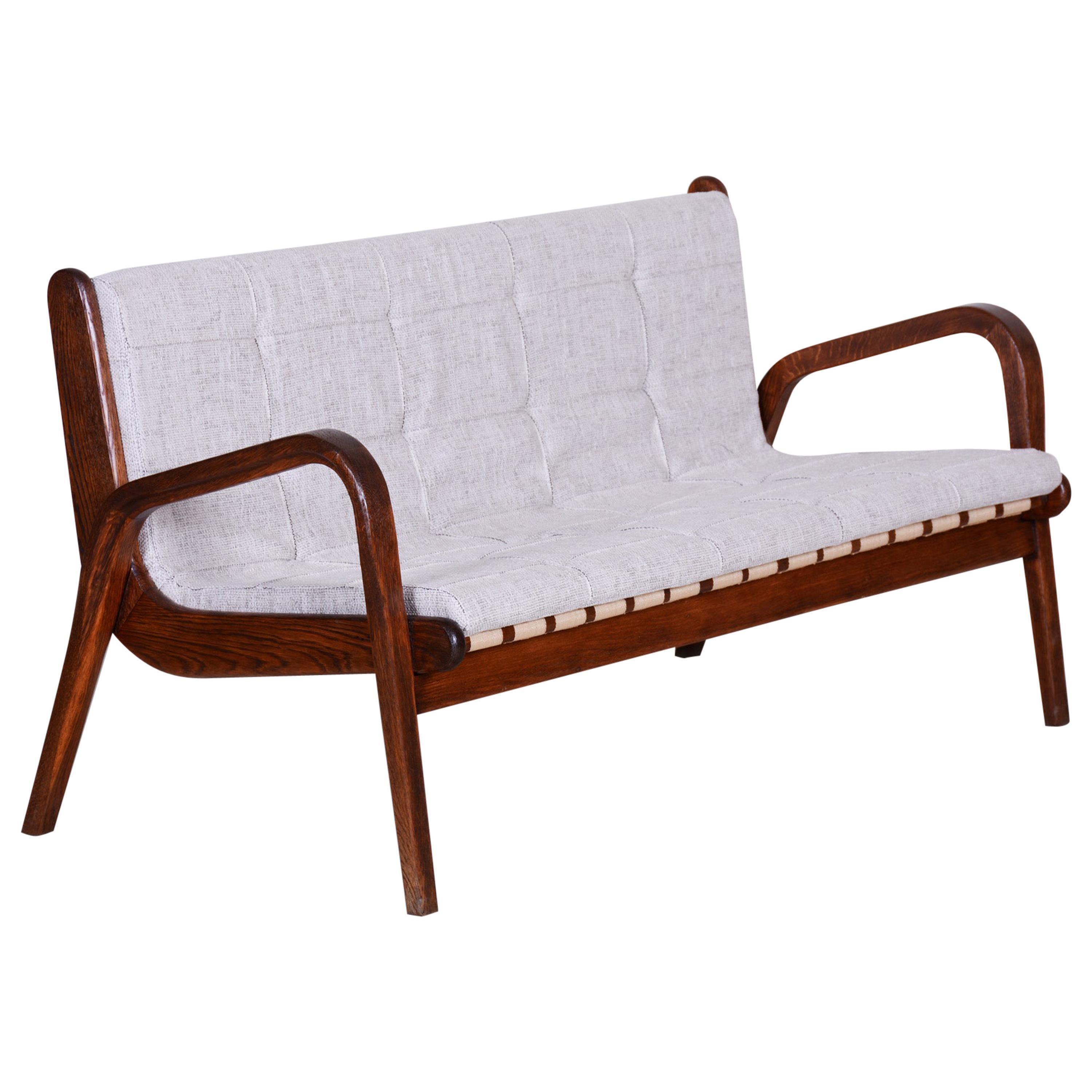 Czech Midcentury Brown Beech Sofa by Jan Vanek, New Upholstery, 1950s For Sale