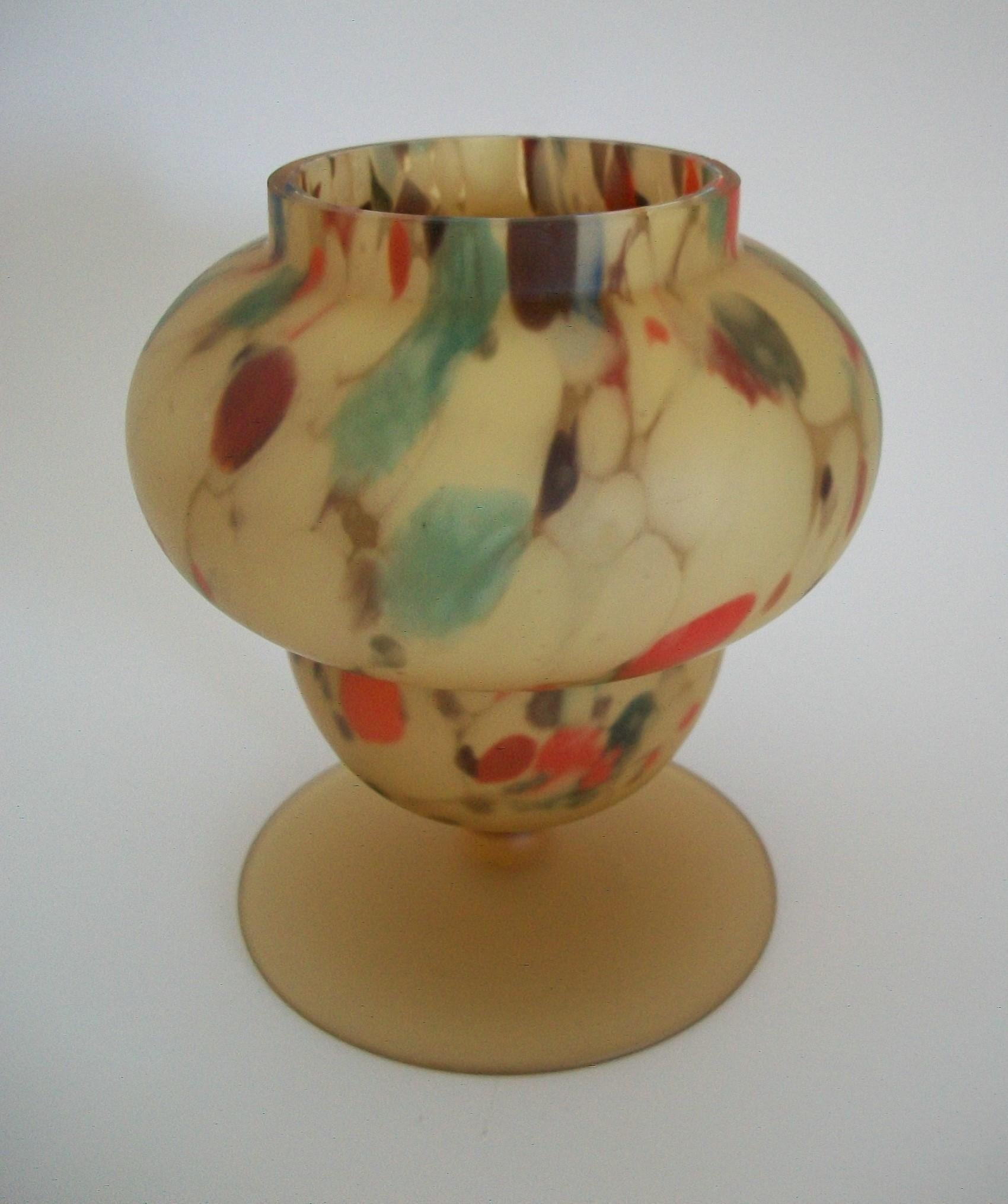 Hand-Crafted Czech Multicolor Cased Satin Glass Footed Vase or Jar - Mid 20th Century For Sale