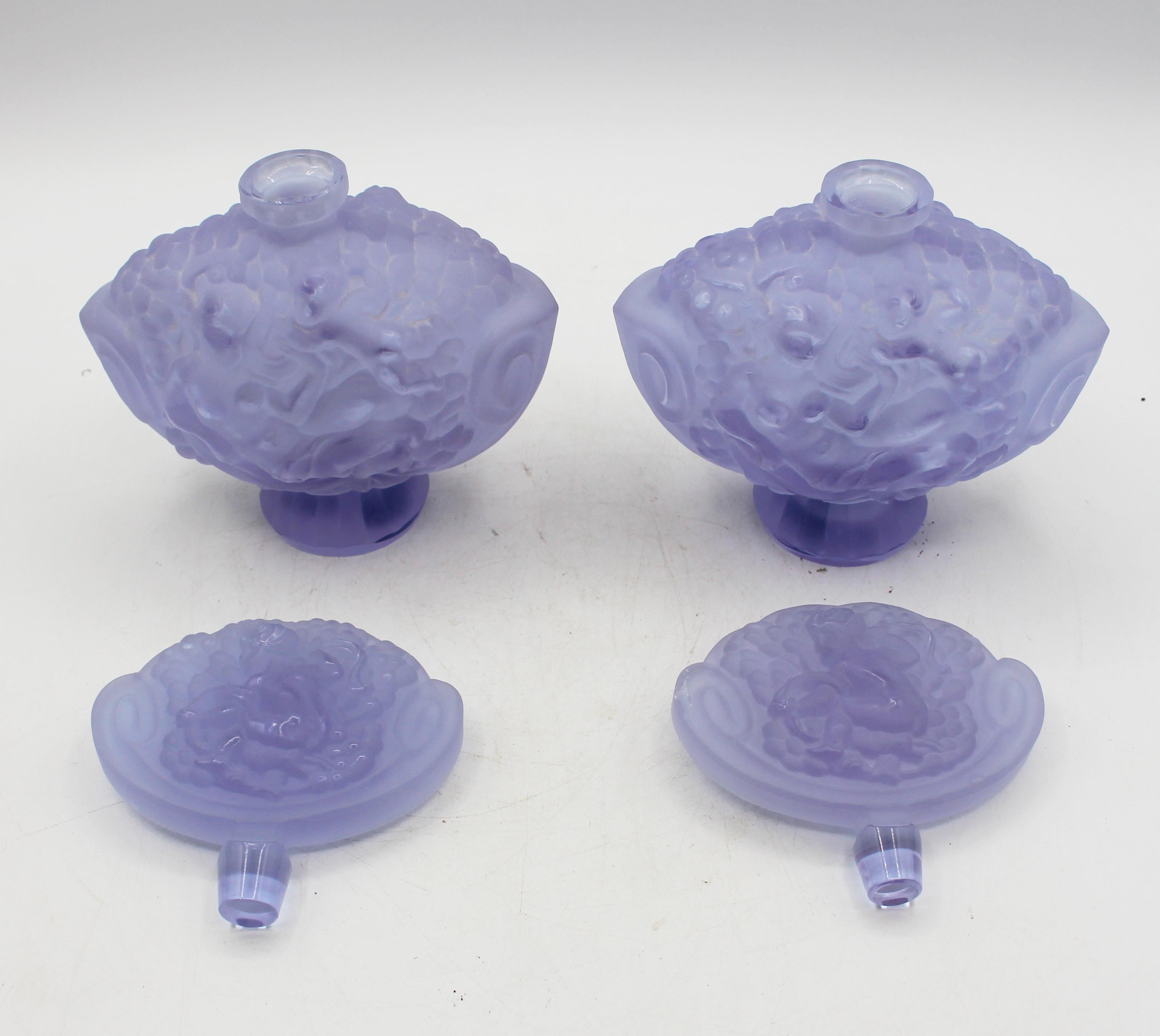 20th Century Czech Pair of Art Deco Period Light Violet Frosted Glass Perfume Bottles For Sale