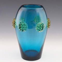 Czech Prachen Blue Applied Vase with Yellow Prunts Designed Josef Hospodka 1969