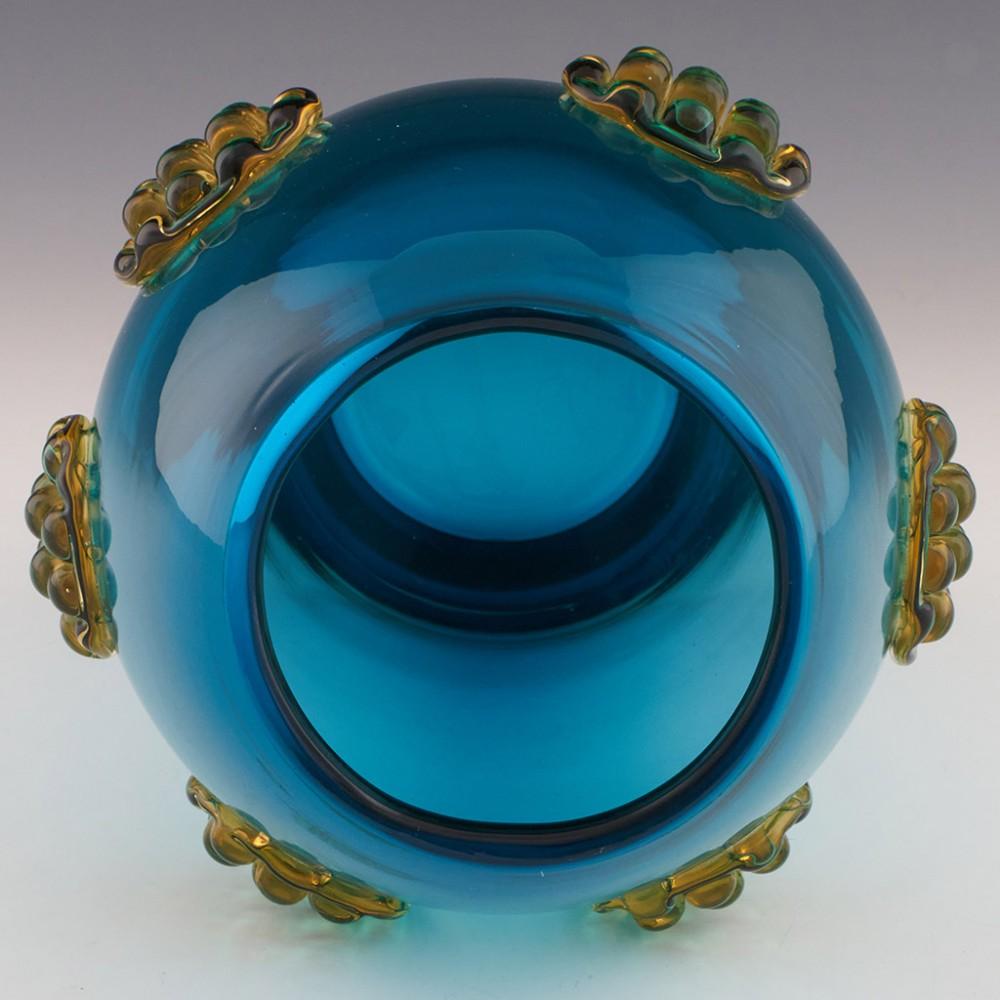 Mid-20th Century Czech Prachen Blue Applied Vase with Yellow Prunts Designed Josef Hospodka 1969 For Sale