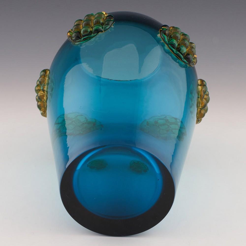 Art Glass Czech Prachen Blue Applied Vase with Yellow Prunts Designed Josef Hospodka 1969 For Sale