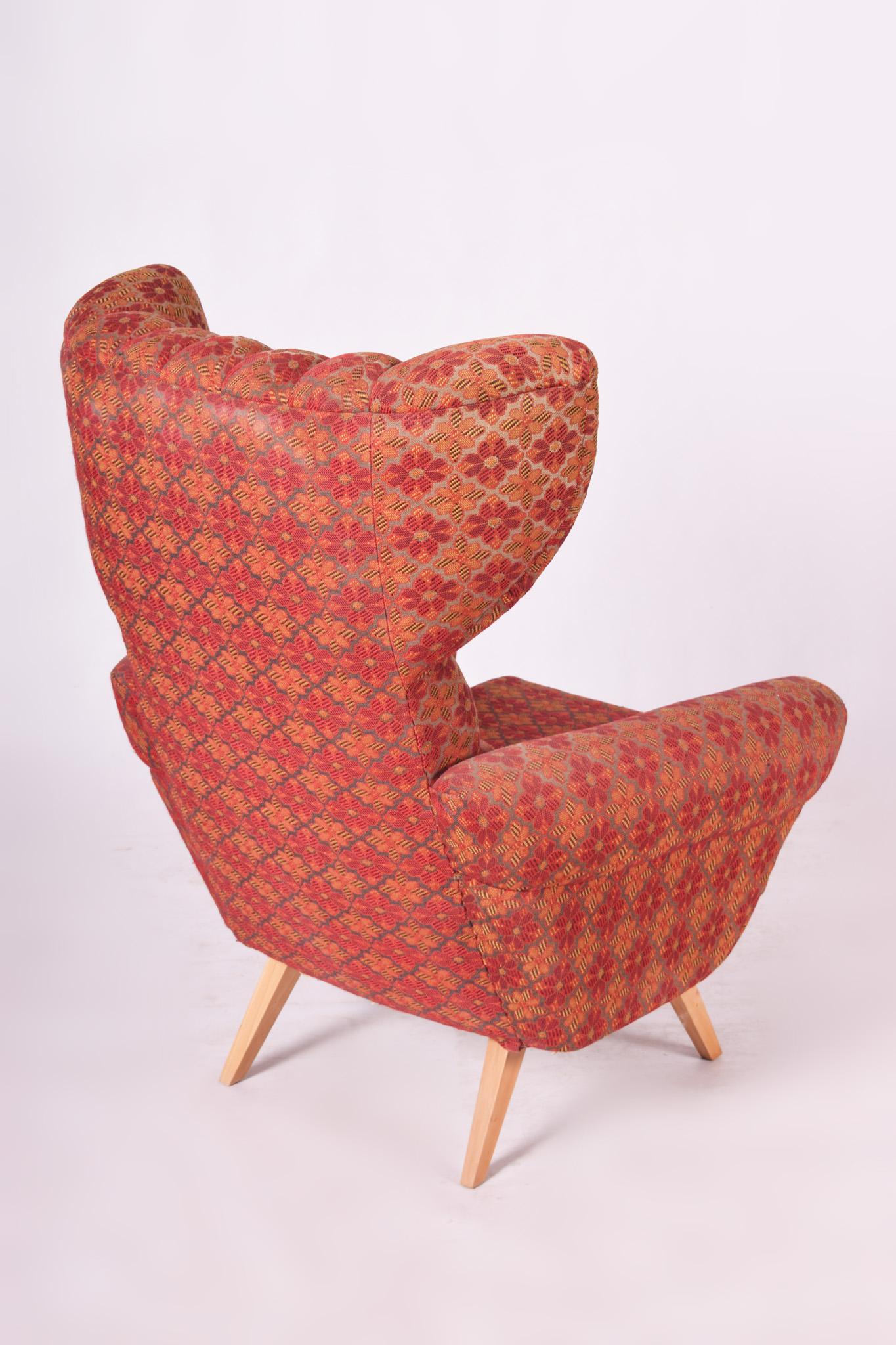 Fabric Czech Red Midcentury Beech Wing Armchair, Original Condition, 1950s