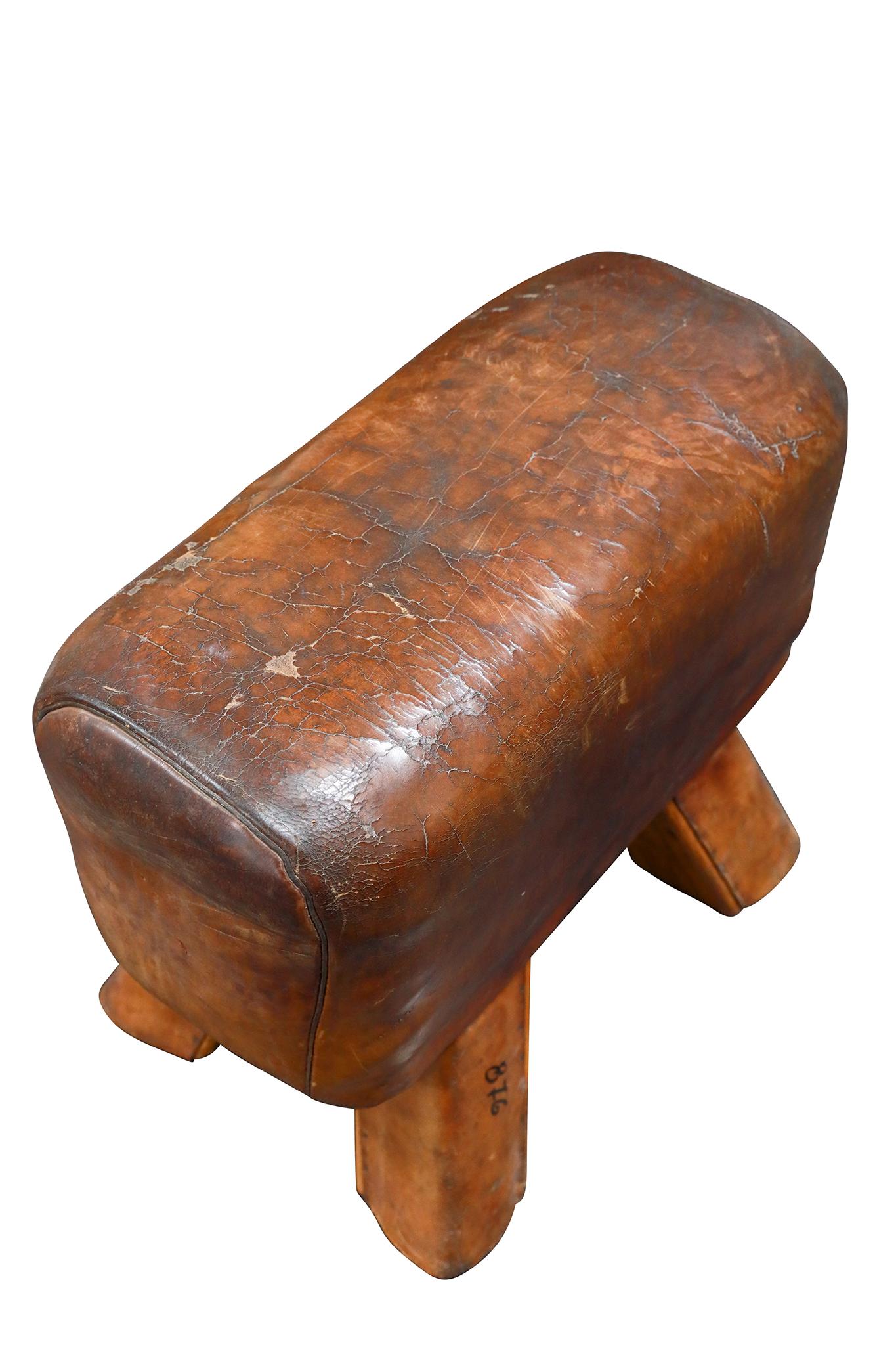 Czech Republic Leather & Wood Vaulting Horse Seat. We cut down the legs to make them chair height. Really fun in many design environments. Circa 1940.

Dimensions: 20