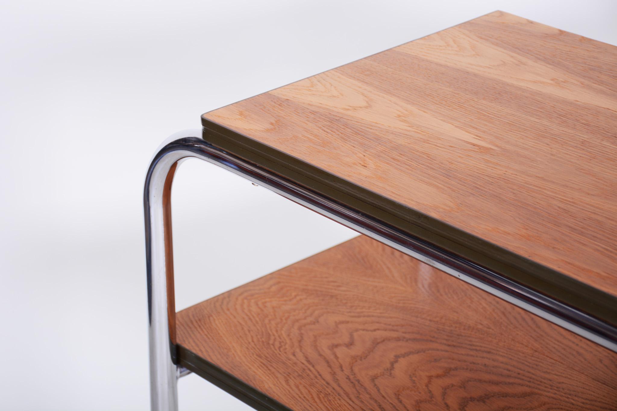 Czech Restored Oak Chromed Steel Bauhaus Side-Table, Hynek Gottwald, 1930s For Sale 2