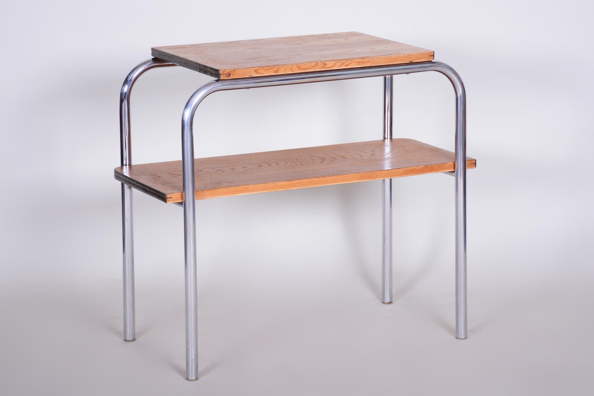 Czech Restored Oak Chromed Steel Bauhaus Side-Table, Hynek Gottwald, 1930s For Sale 3