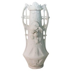 Antique Czech Secessionist Art Nouveau 1920 Tall Vase in Biscuit White Porcelain