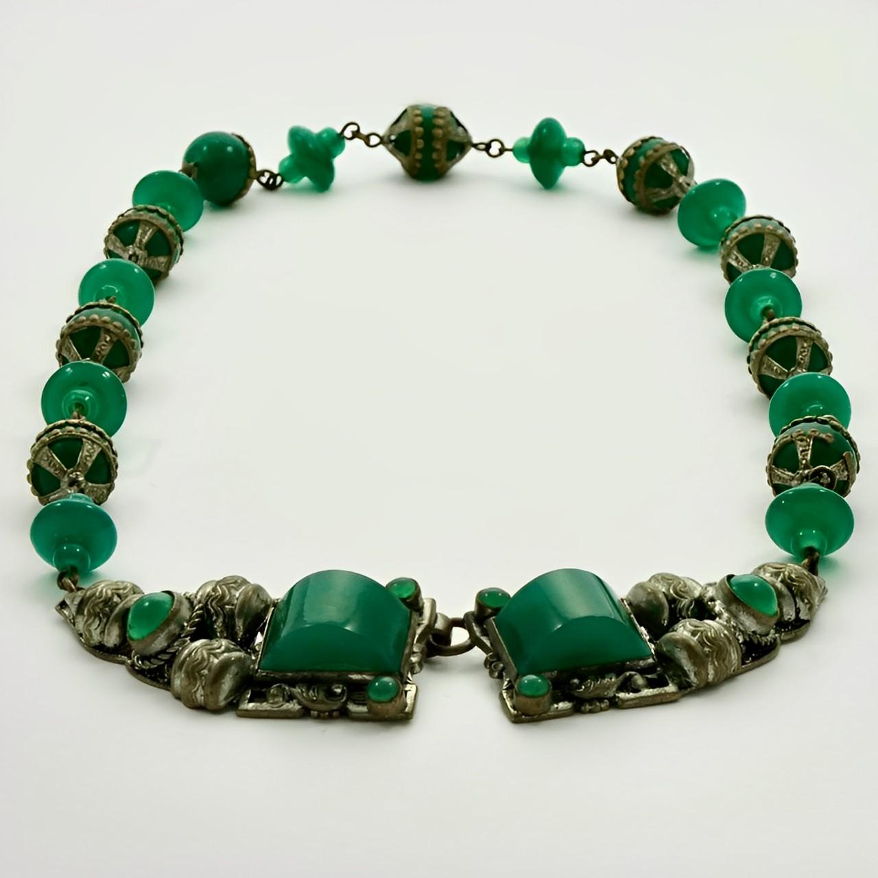 Czech Silver Plated and Green Glass Necklace circa 1930s 1