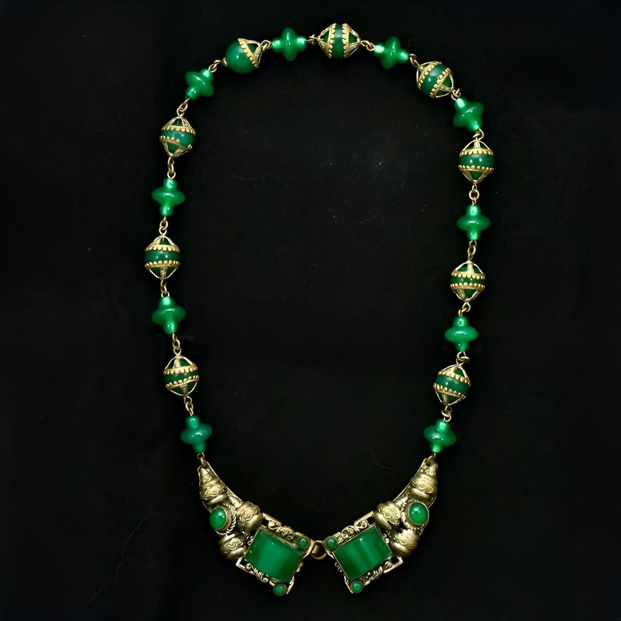 Czech Silver Plated and Green Glass Necklace circa 1930s 2