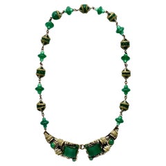 Vintage Czech Silver Plated and Green Glass Necklace circa 1930s