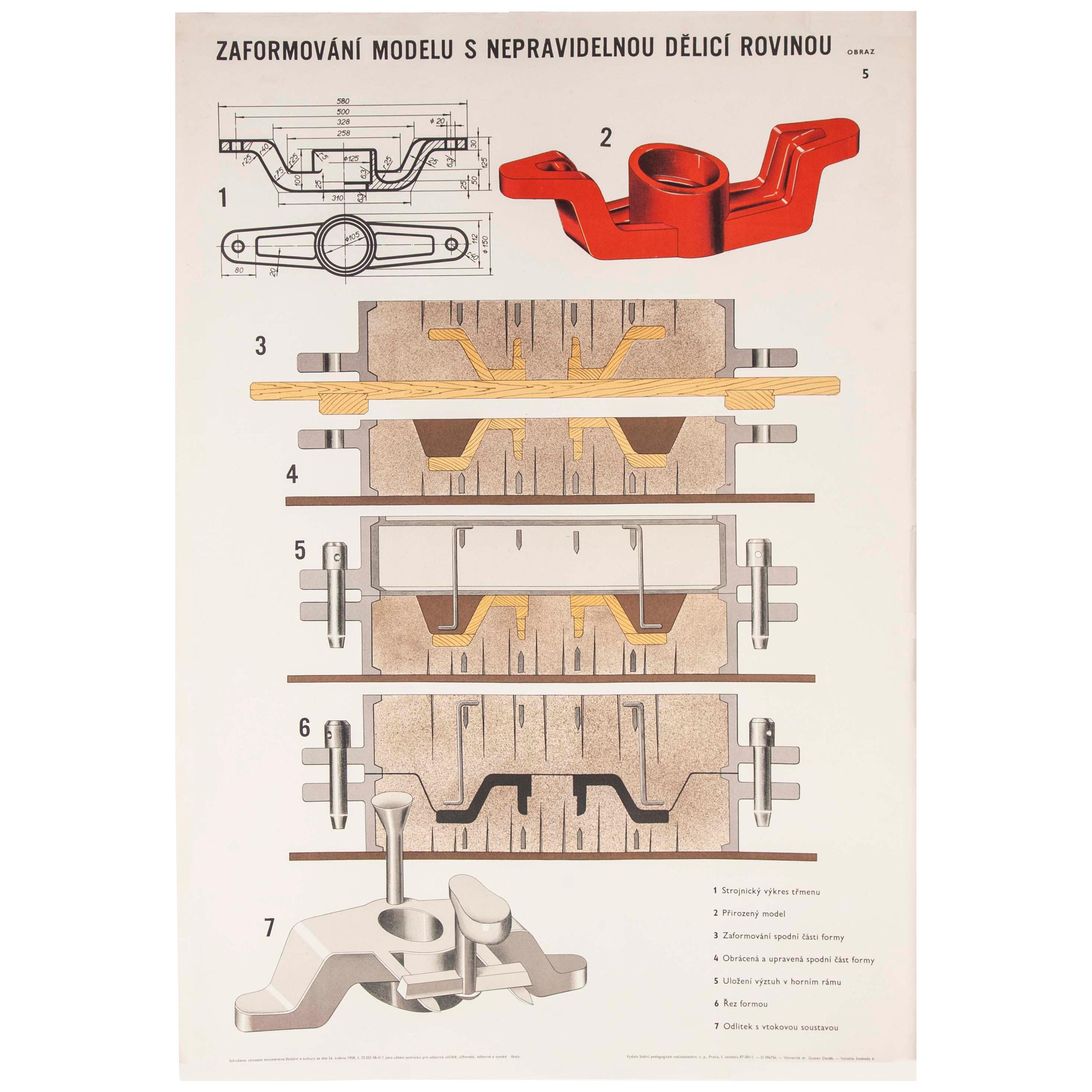 Czech Technical Industrial Drawing, Foundry Mould Engineering Poster, 25 For Sale