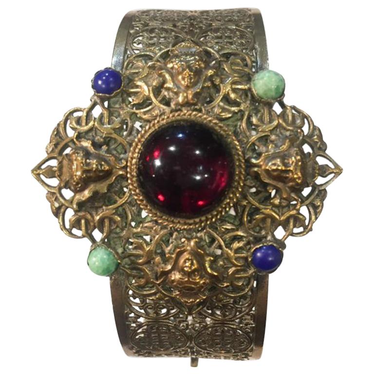 Czech Vintage Filigree Face Gem Bangle 1920s