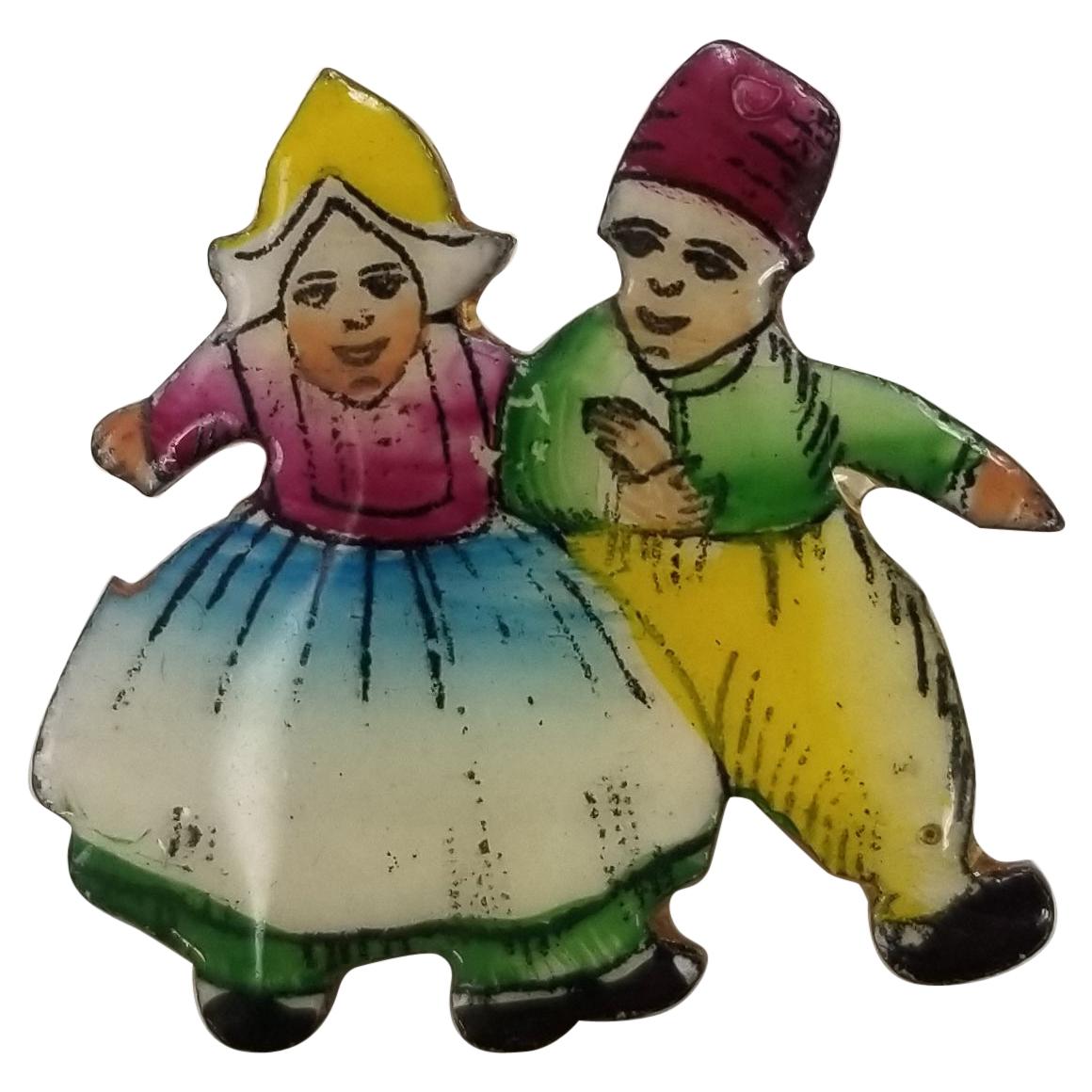 "Czecho" Man and Woman Dancing in Enamel Brooch For Sale
