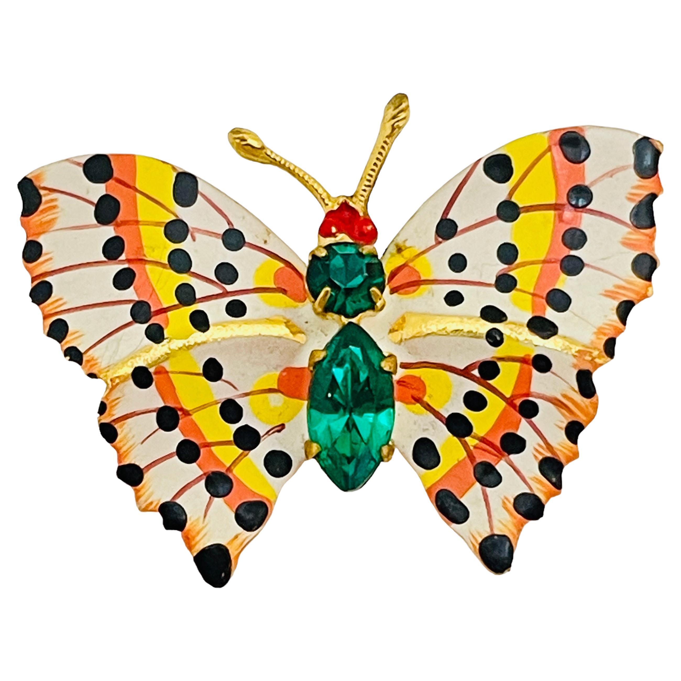 CZECHO SLOVAKIA signierte Designerbrosche aus Gold Emaille mit Smaragd, Strass und Schmetterling