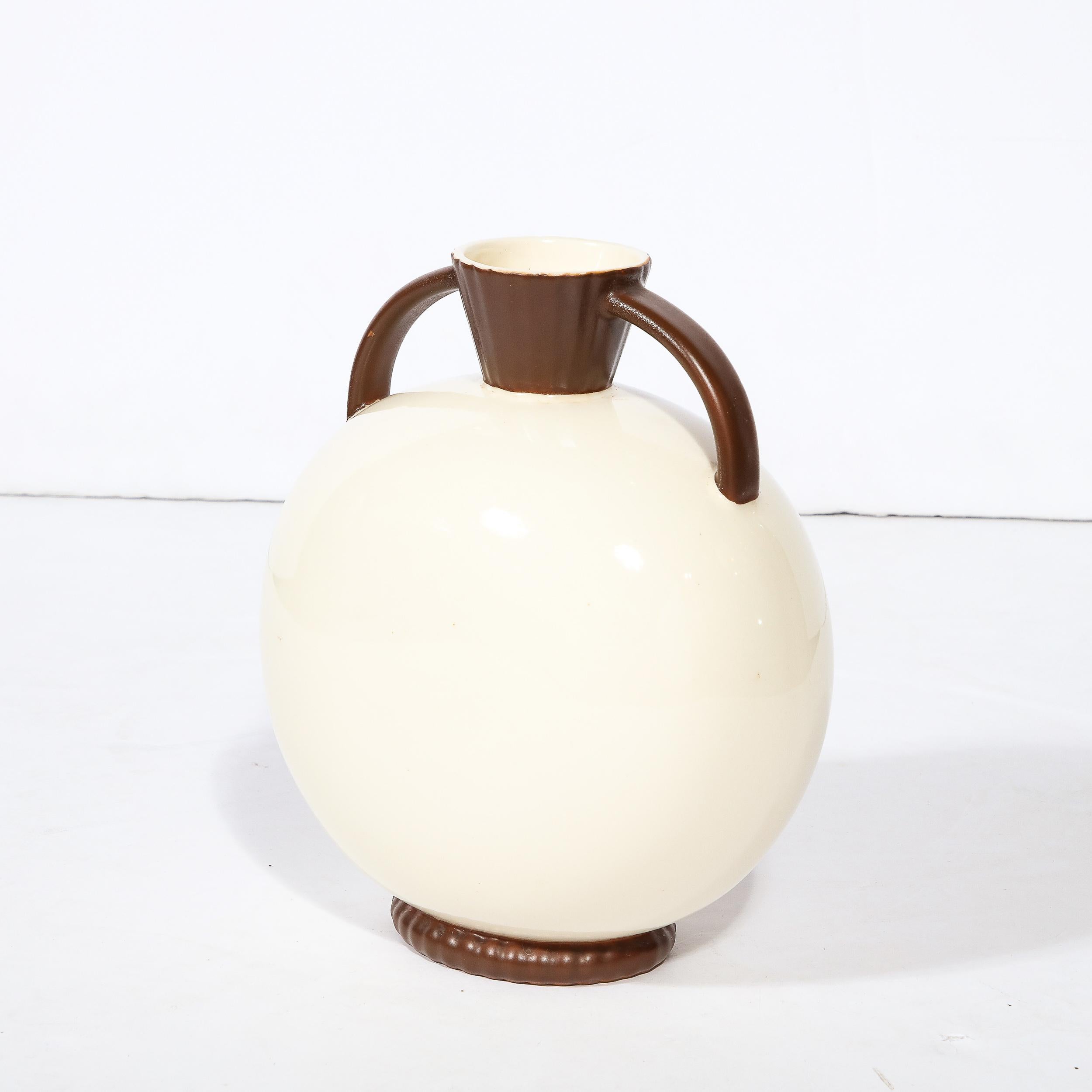 Hand-Painted Czecholovakian Art Deco Hand Crafted Cream and Umber Ceramic Vase by Royal Crown For Sale
