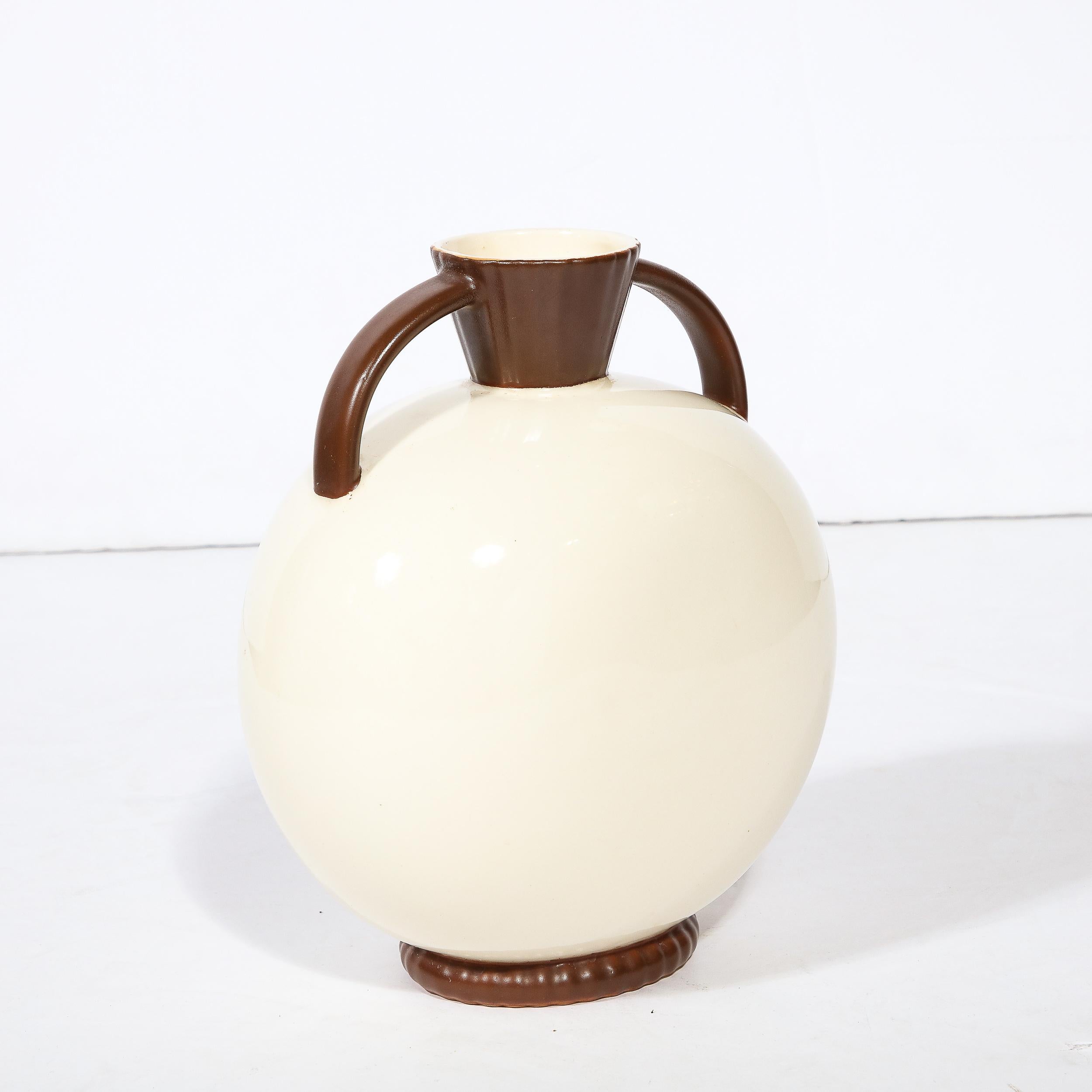 Mid-20th Century Czecholovakian Art Deco Hand Crafted Cream and Umber Ceramic Vase by Royal Crown For Sale
