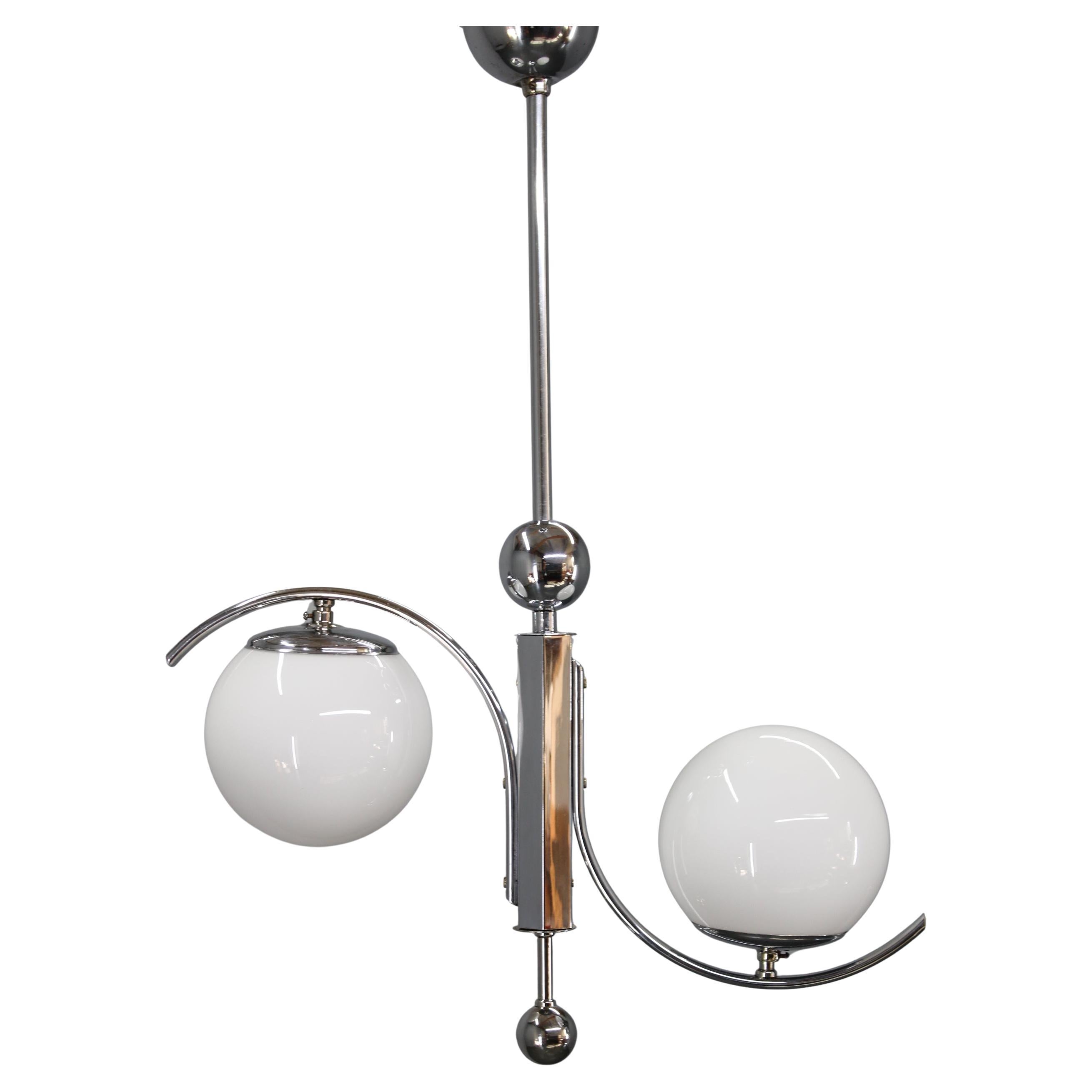 Czechoslovak Art Deco Chrome Chandelier with Opaline Glass, 1930s