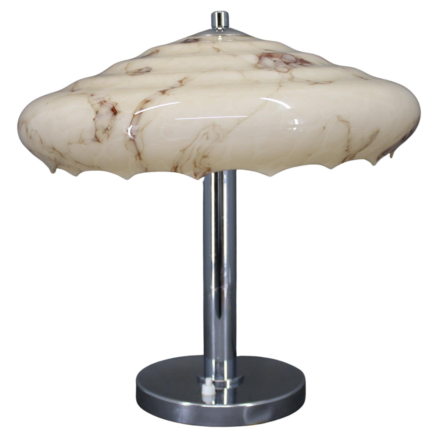 Czechoslovak Art Deco Chrome Table Lamp with Marbled Glass, 1930s For Sale