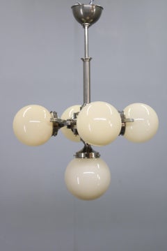 Czechoslovak Art Deco Nickel Chandelier with Five Opaline Glass Globes