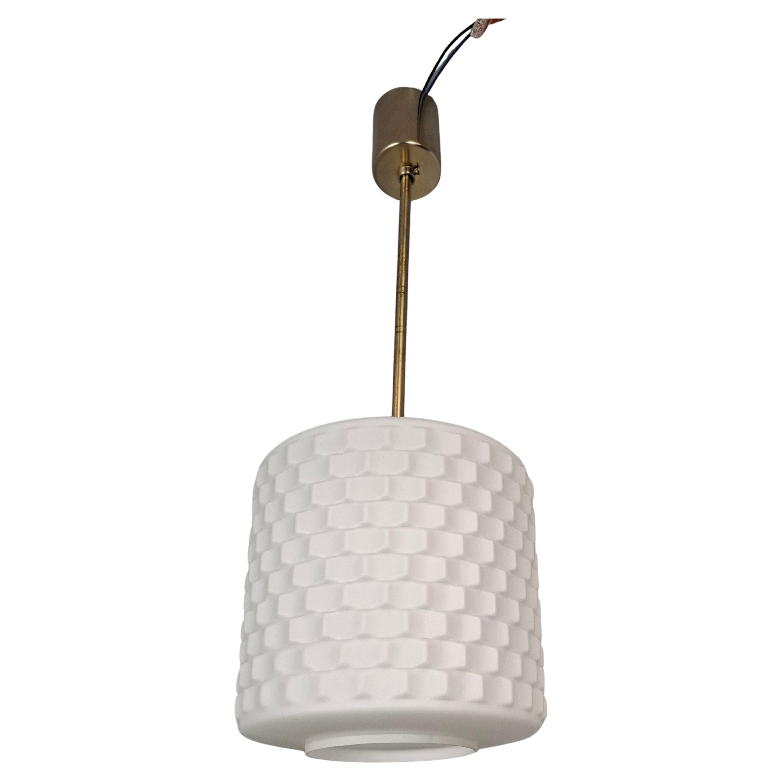 Czechoslovak Midcentury Modern Pendant Lamp in Textured Glass and Brass, 1970s For Sale