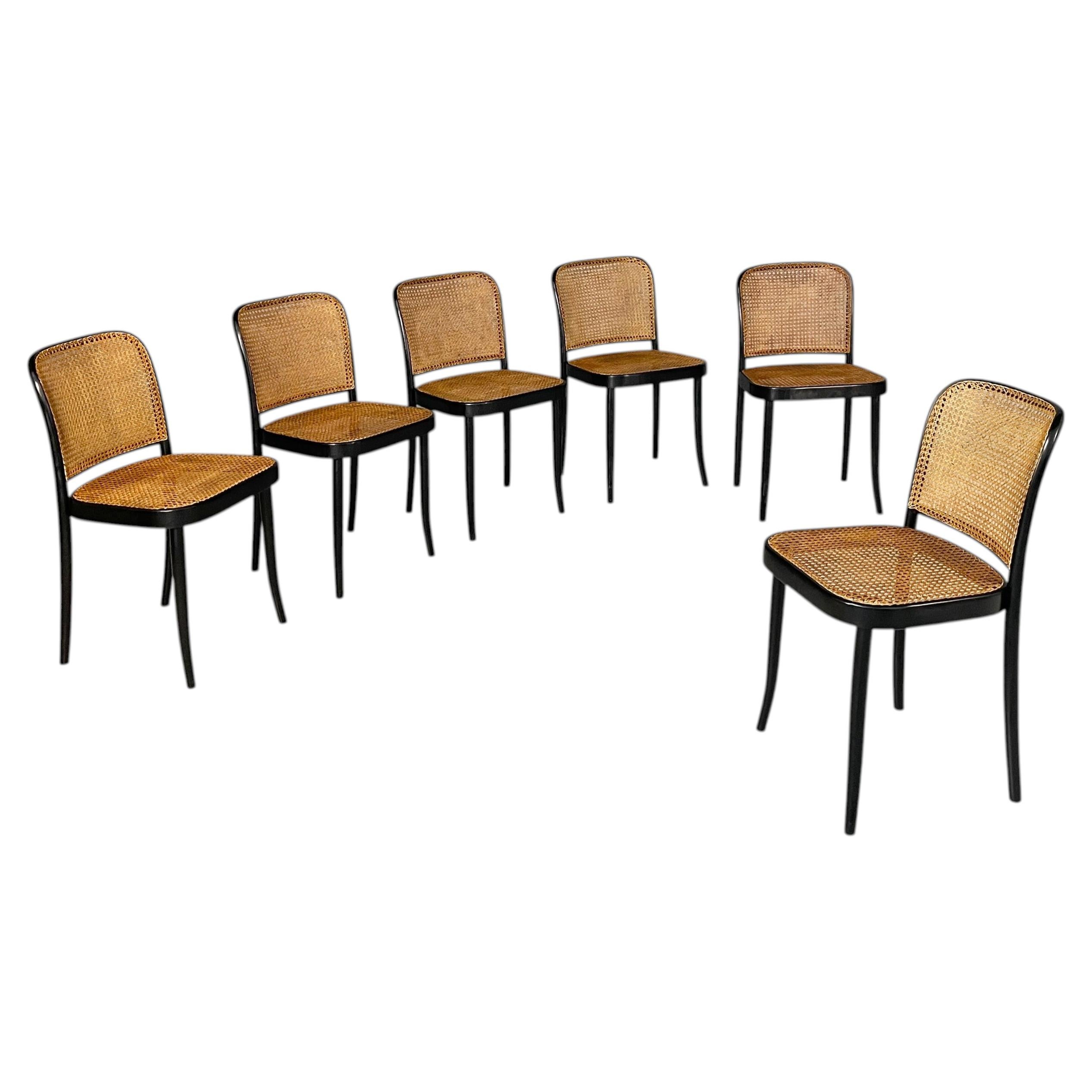 Chaises tchécoslovaques modernes en bois noir et osier, modèle 811 de Joseph Hoffmann « Drevounia », années 1980