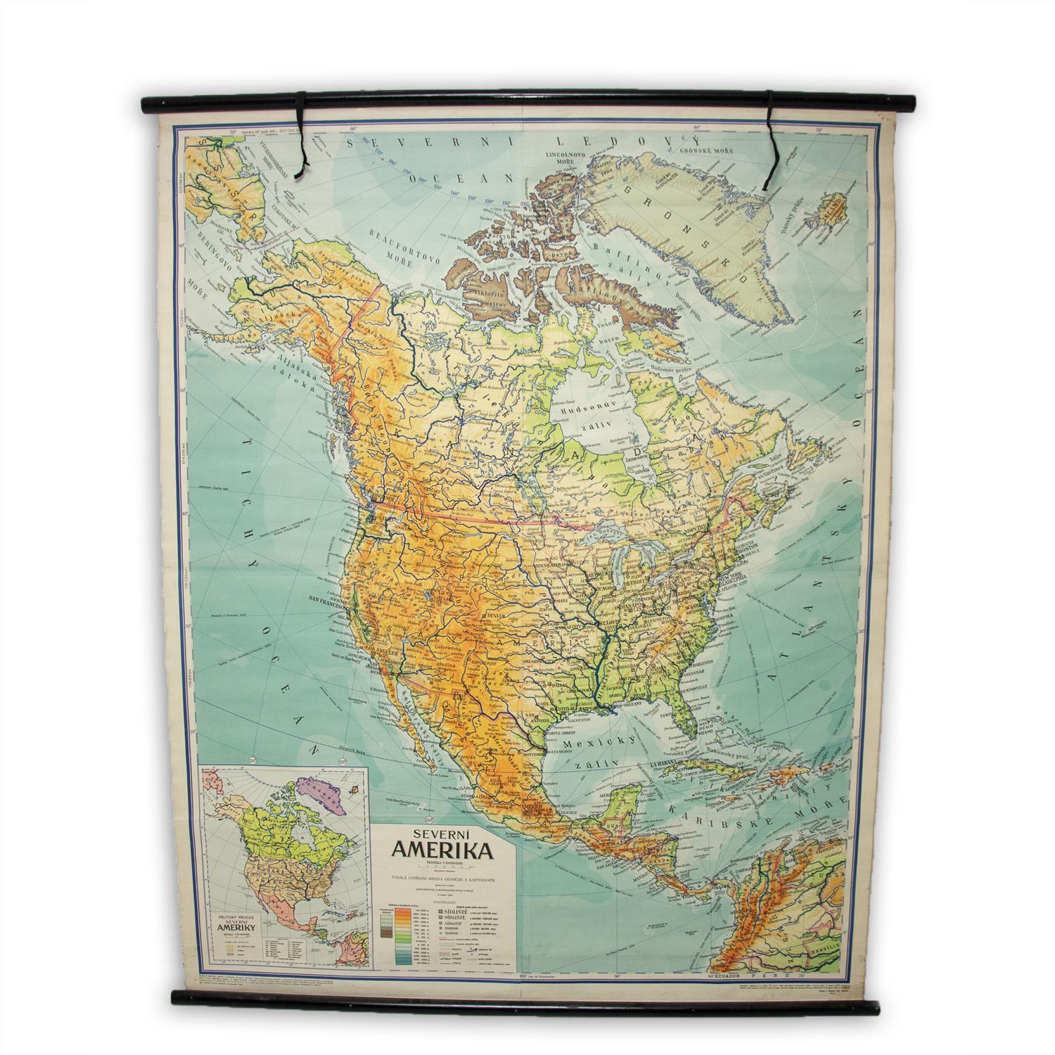Old vintage school paper economic map of North America. It was produced in 1959 in the former Czechoslovakia. Map has on top and bottom wooden slats. It´s in good Vintage condition, bears signs of age and use.
  
  