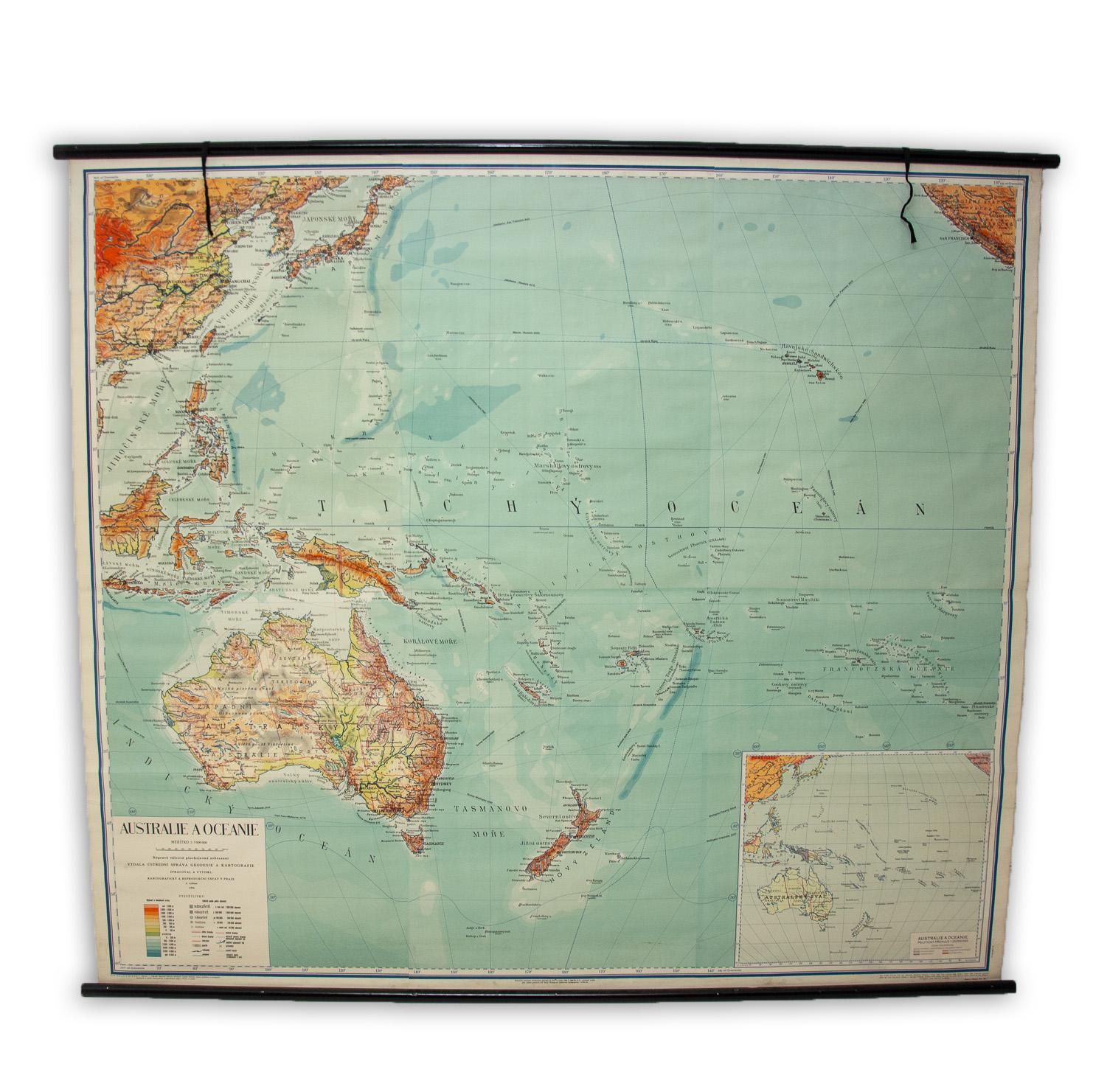 Old vintage school paper map of Australia and Oceania. It was produced in 1955 in the former Czechoslovakia. Map has on top and bottom wooden slats. It´s in good Vintage condition.

 