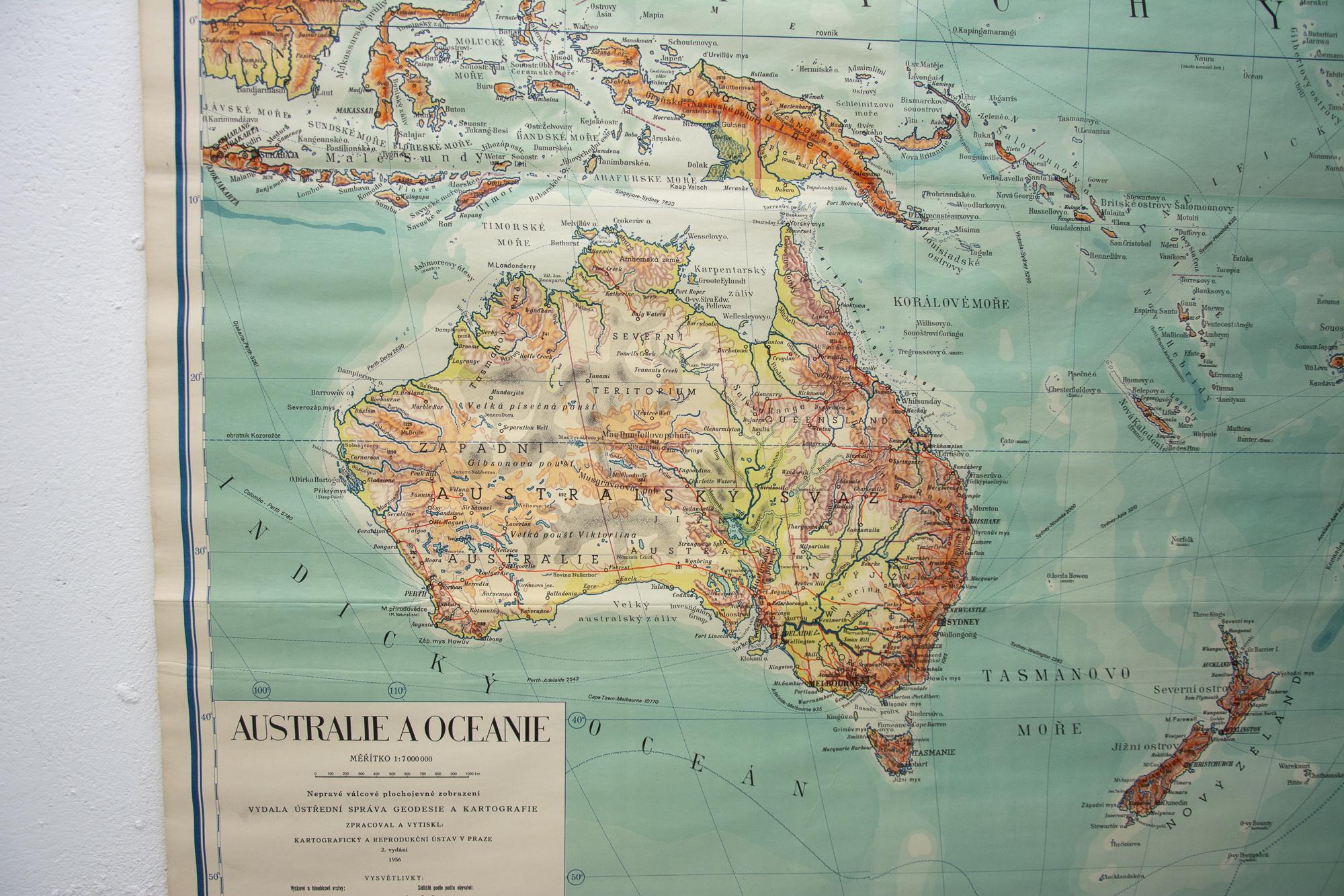 Mid-20th Century Czechoslovak Vintage School Maps of Australia and Oceania, 1955