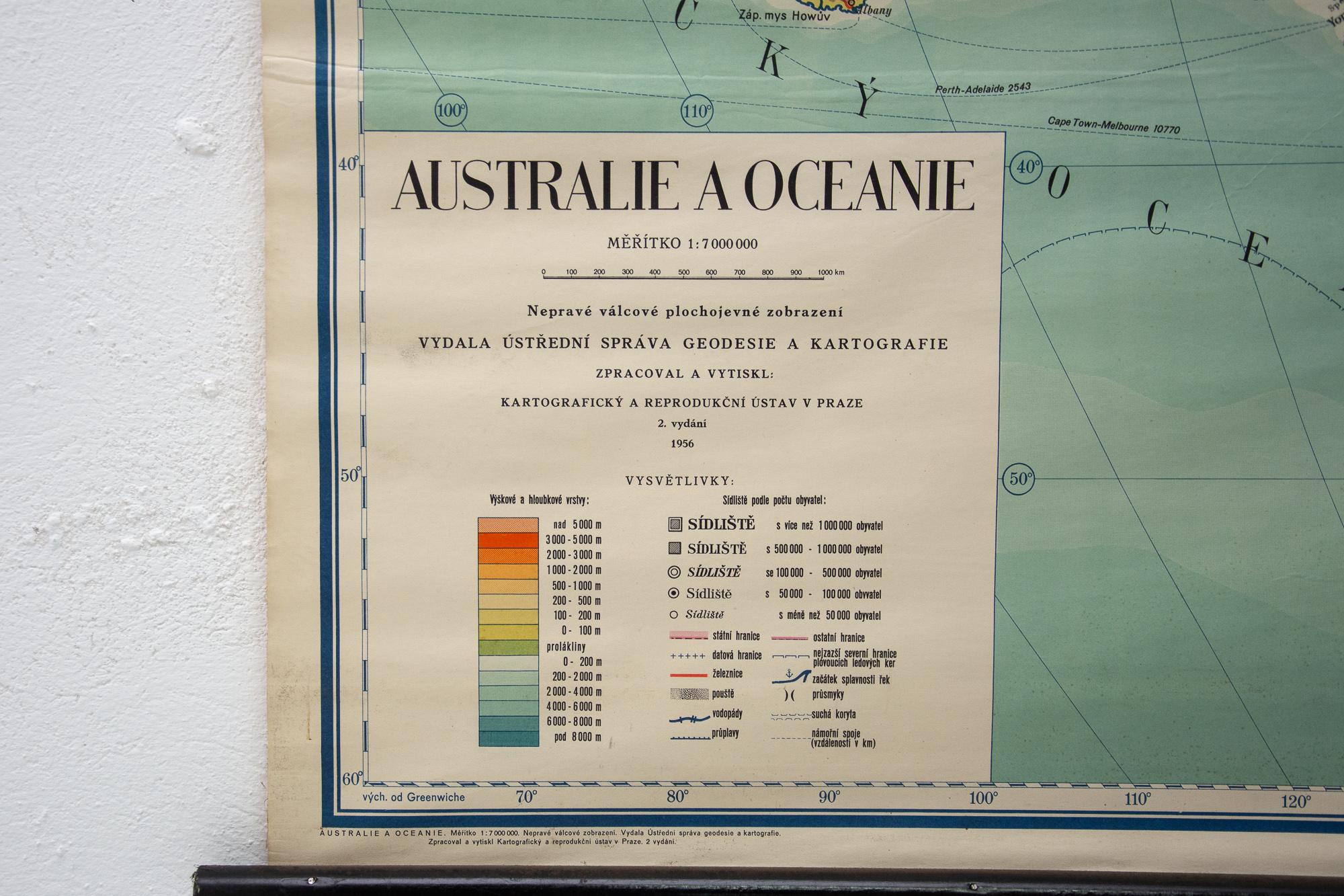 Paper Czechoslovak Vintage School Maps of Australia and Oceania, 1955