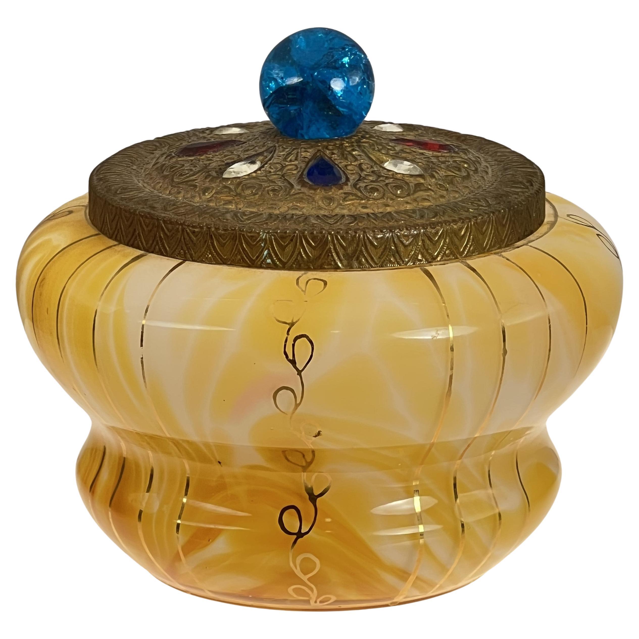 Czechoslovakia Art Deco Jeweled dresser box.  marbled glass with gilt decoration For Sale