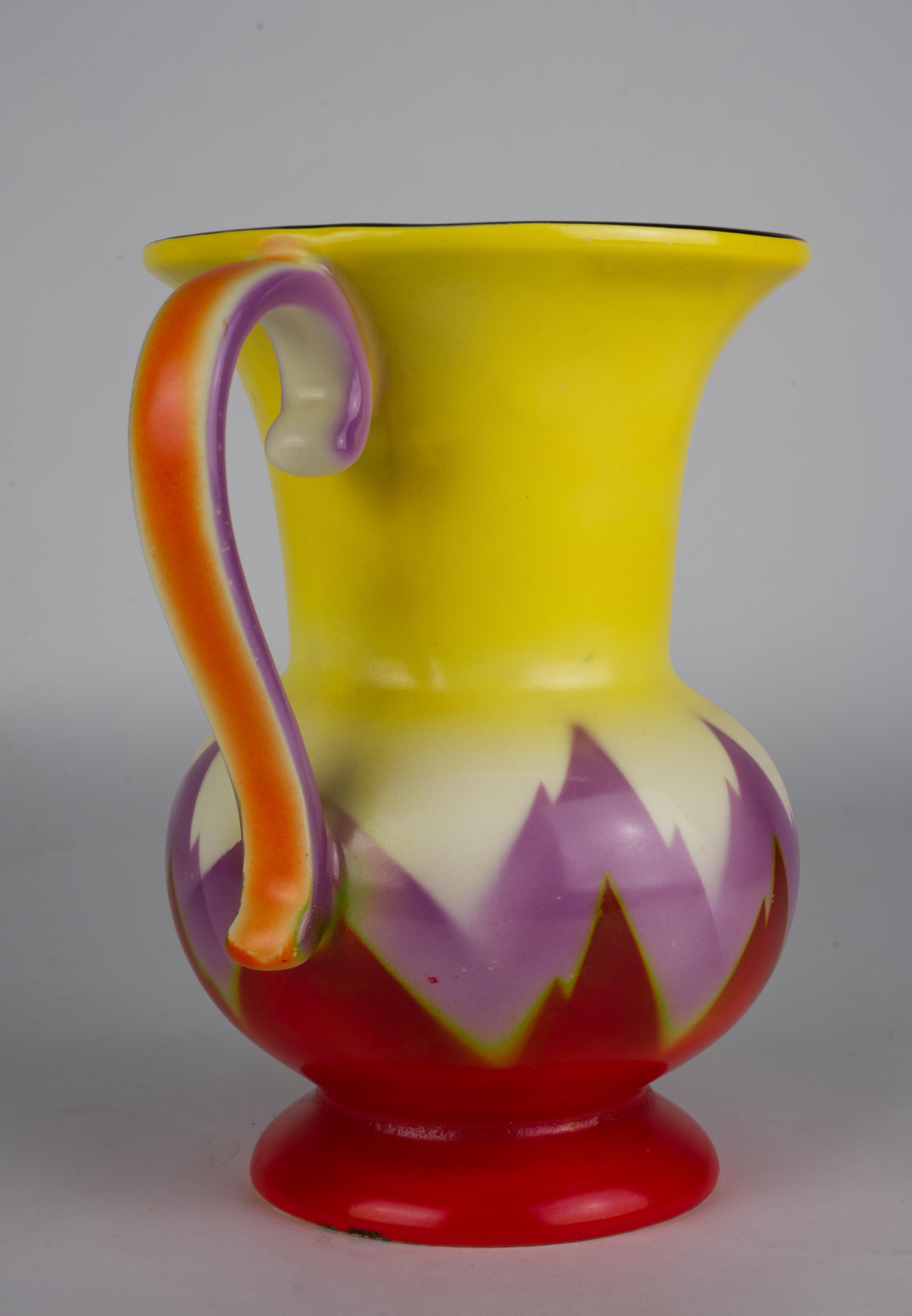 Ceramic Art Deco Ditmar Urbach Pitcher Czechoslovakia Flame Decor 1920-1938 For Sale