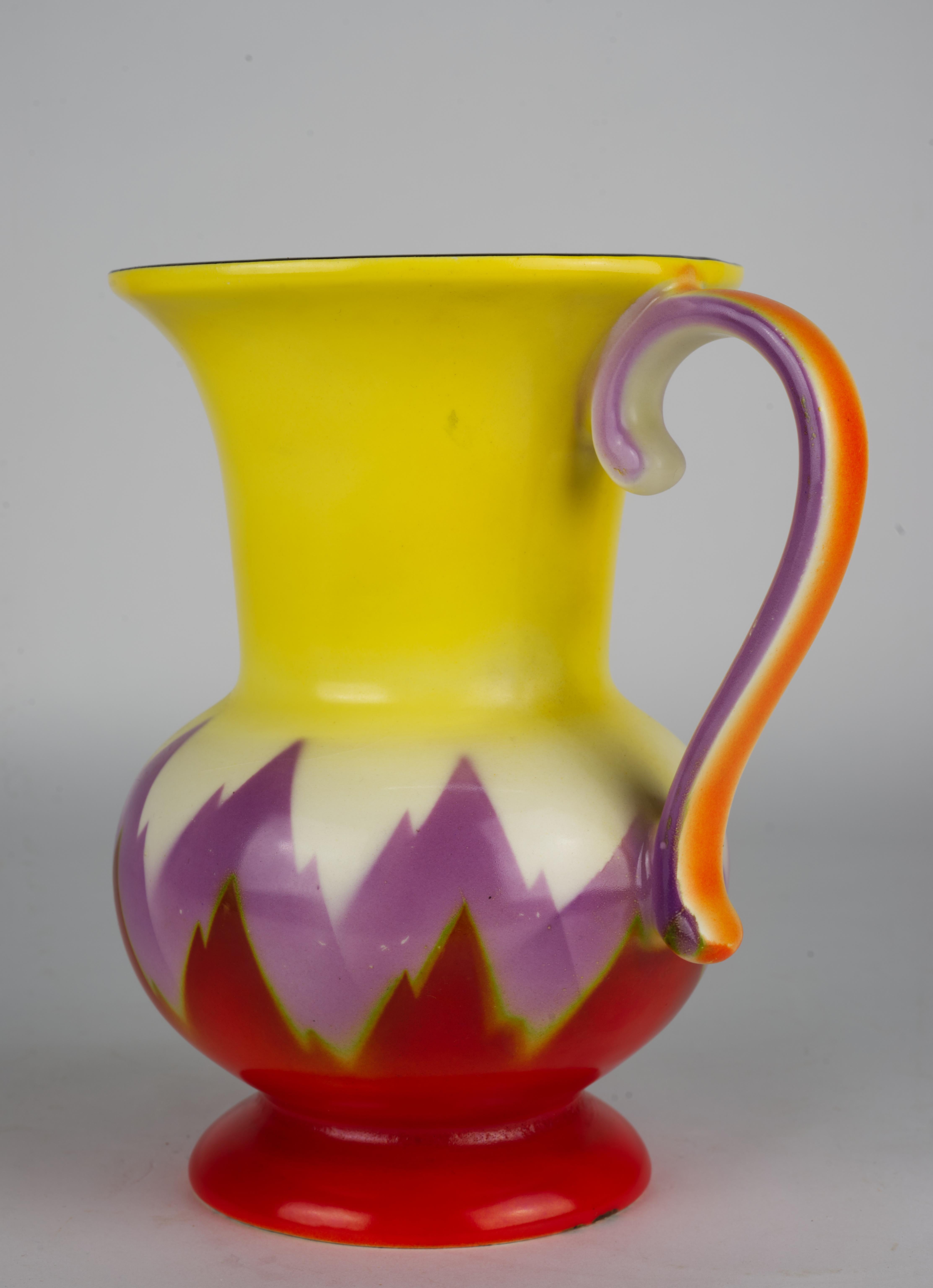 Ceramic Art Deco Ditmar Urbach Pitcher Czechoslovakia Flame Decor 1920-1938 For Sale
