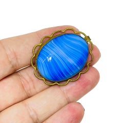 CZECHOSLOVAKIA vintage gold tone blue glass designer brooch