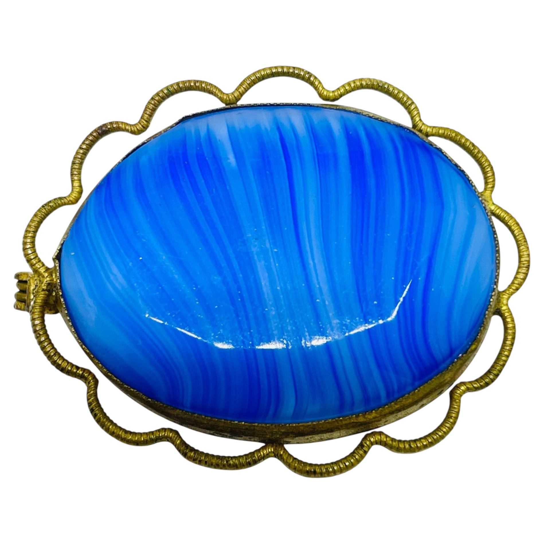 CZECHOSLOVAKIA vintage gold tone blue glass designer brooch