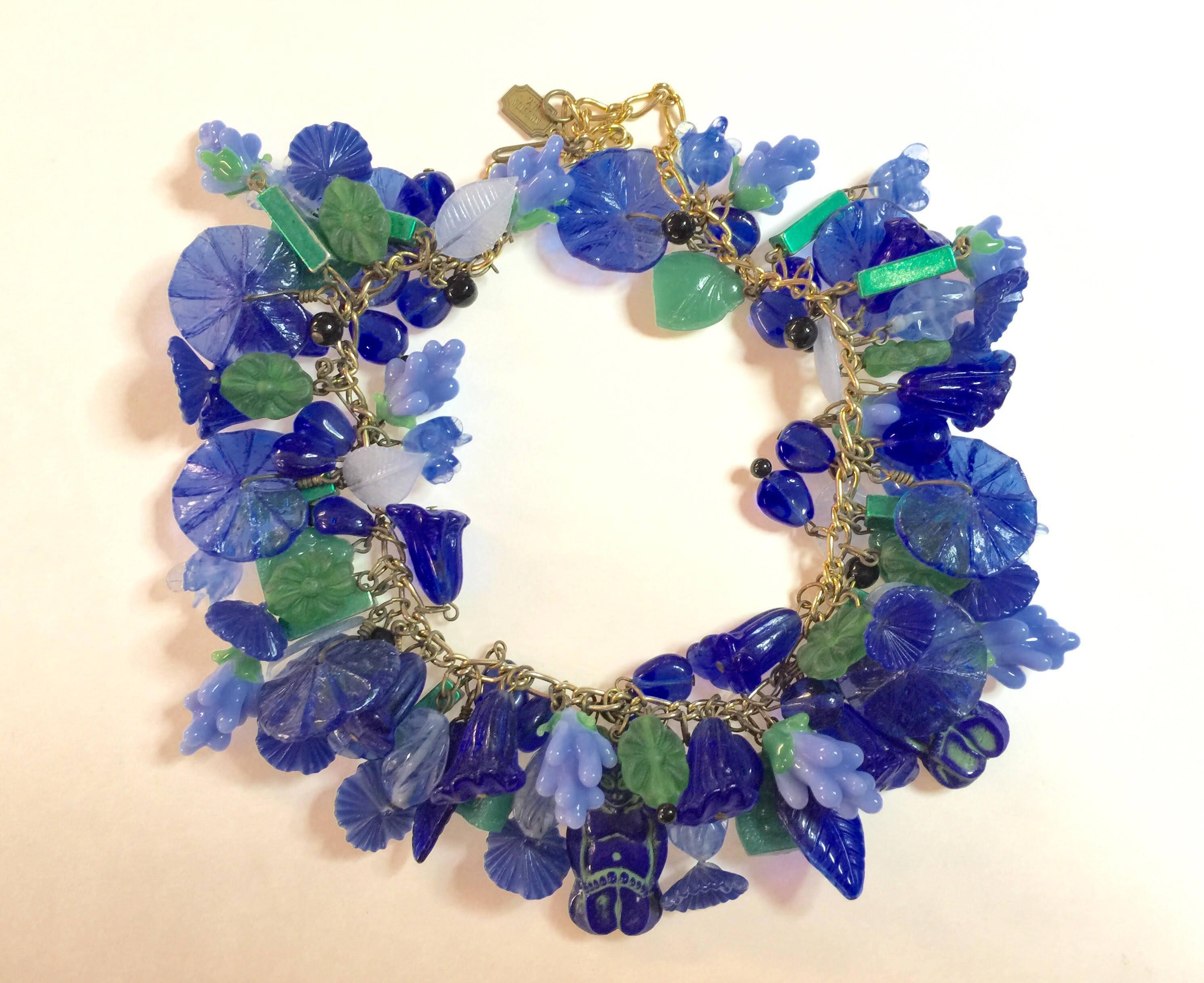 Czechoslovakian 1940s Floral Leaf Glass Charms Necklace Pididdily Links 1960s For Sale 2