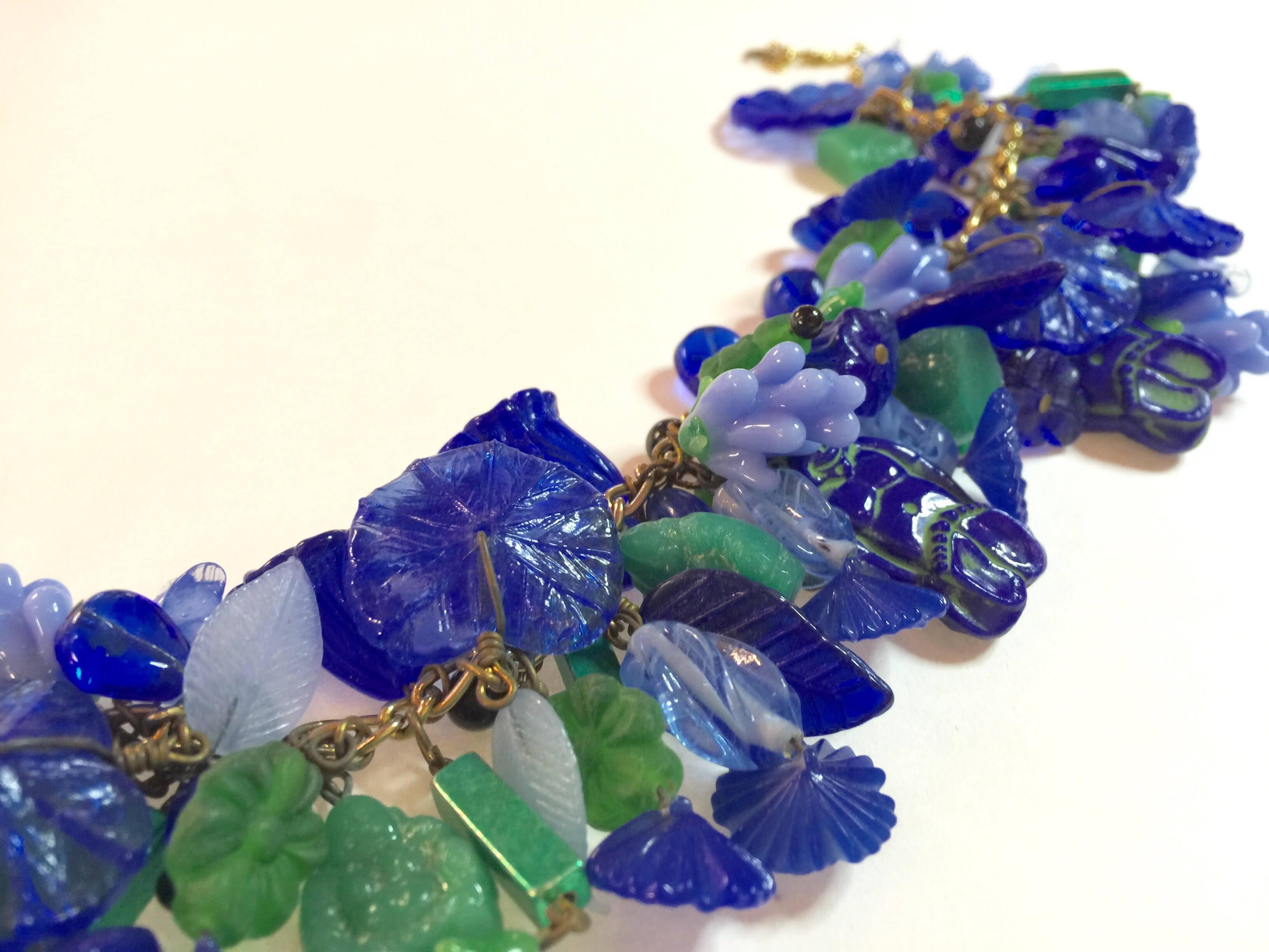 Czechoslovakian 1940s Floral Leaf Glass Charms Necklace Pididdily Links 1960s For Sale 3