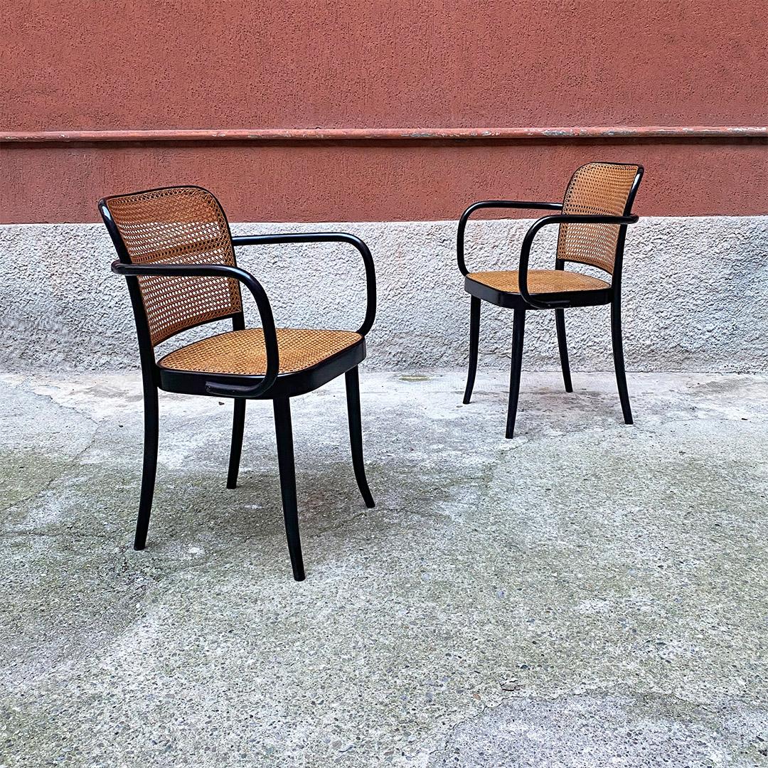 Italian Czechoslovakian Antique Beech and Vienna Straw Chairs with Armrests, Ligna 1900