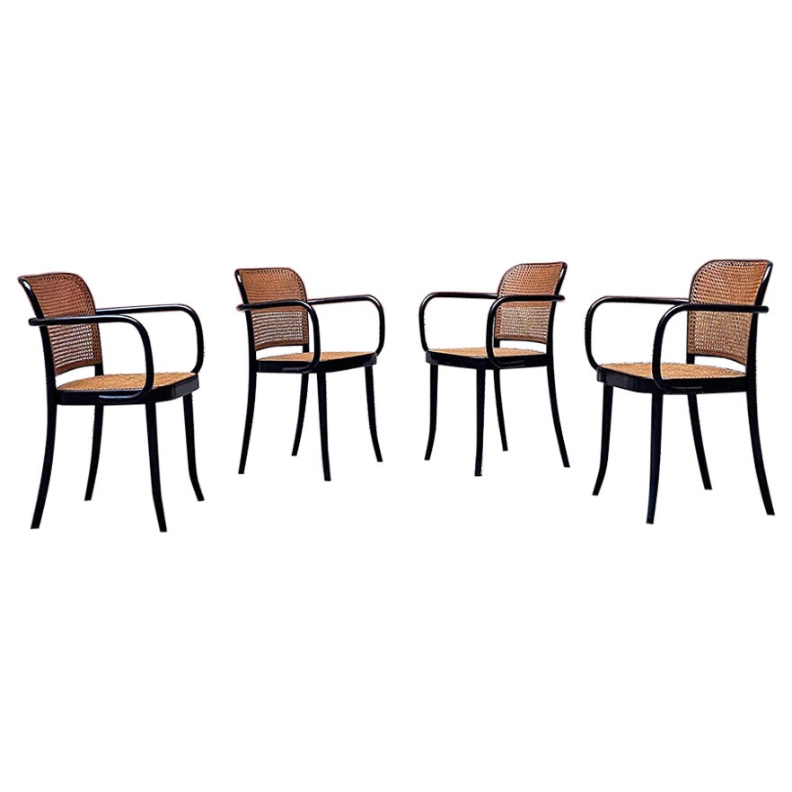 Czechoslovakian Antique Beech and Vienna Straw Chairs with Armrests, Ligna 1900