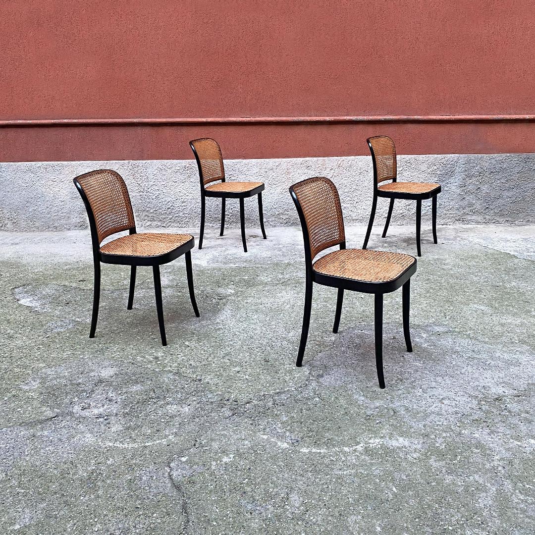 Czechoslovakian antique set of four beech and Vienna straw chairs by Ligna, Czechoslovakia 1900s.
Set of four chairs in black painted beech with seat and back in Vienna straw and saber legs.
Produced by Ligna, in Czechoslovakia in the early