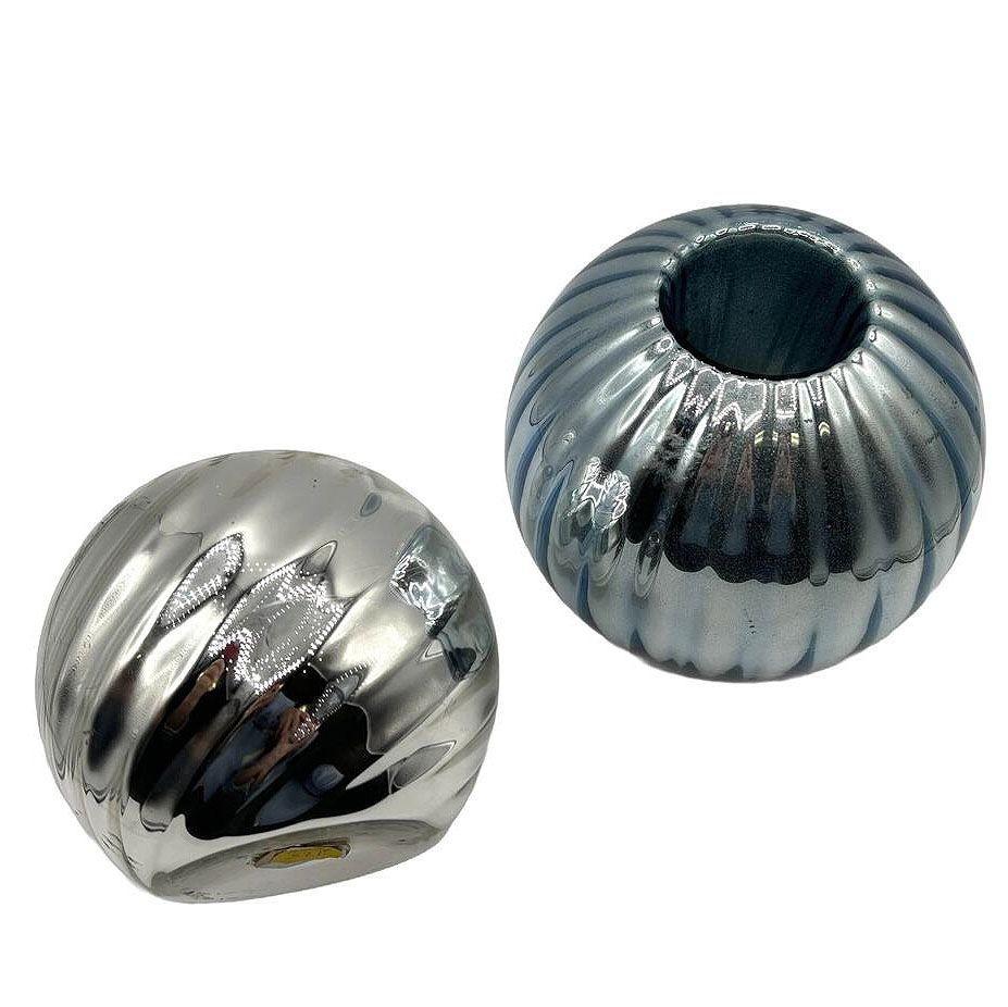 Mid-20th Century Czechoslovakian Art Deco Cobalt Mercury Glass Ball Candlestick Holders, Pair For Sale