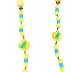 Czechoslovakian Art Deco Yellow White & Blue Bohemian Art Glass Bead Necklace