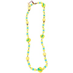 Czechoslovakian Art Deco Yellow White & Blue Bohemian Art Glass Bead Necklace