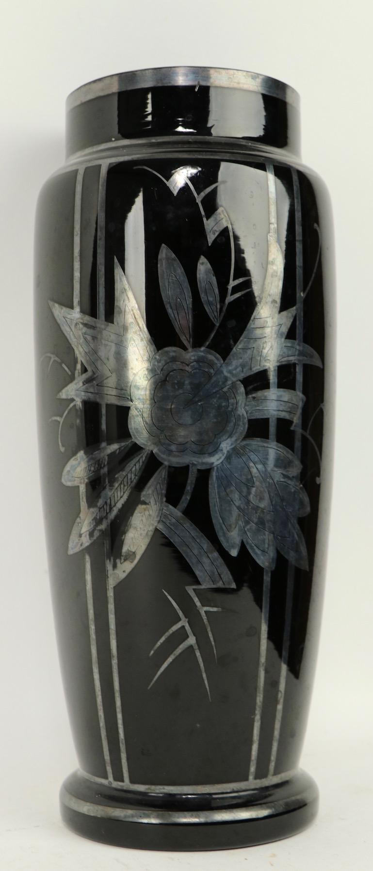 Czechoslovakian Art Glass Silver Deposit Vase in Black Glass 5