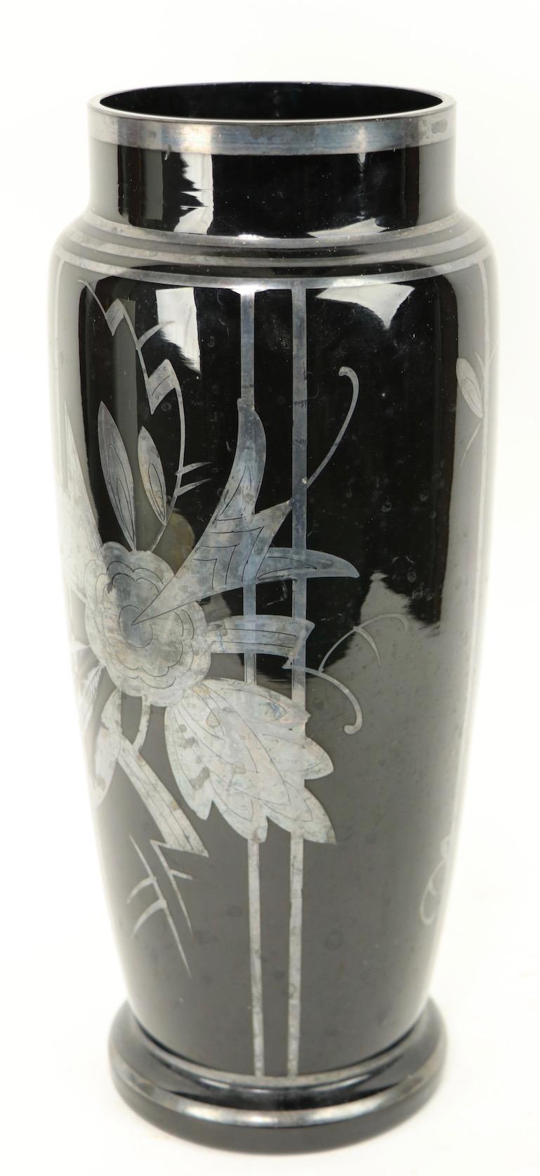 Art Deco Czechoslovakian Art Glass Silver Deposit Vase in Black Glass