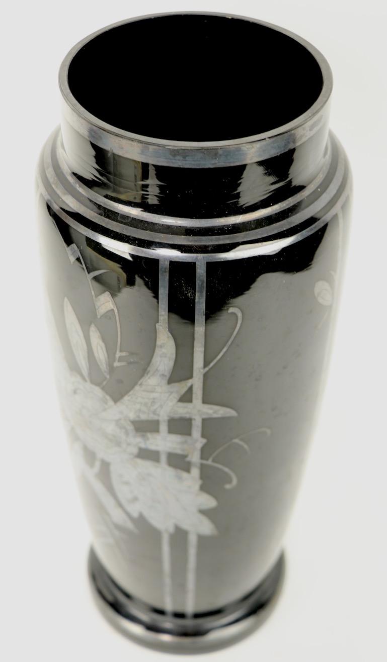 Czechoslovakian Art Glass Silver Deposit Vase in Black Glass In Good Condition In New York, NY