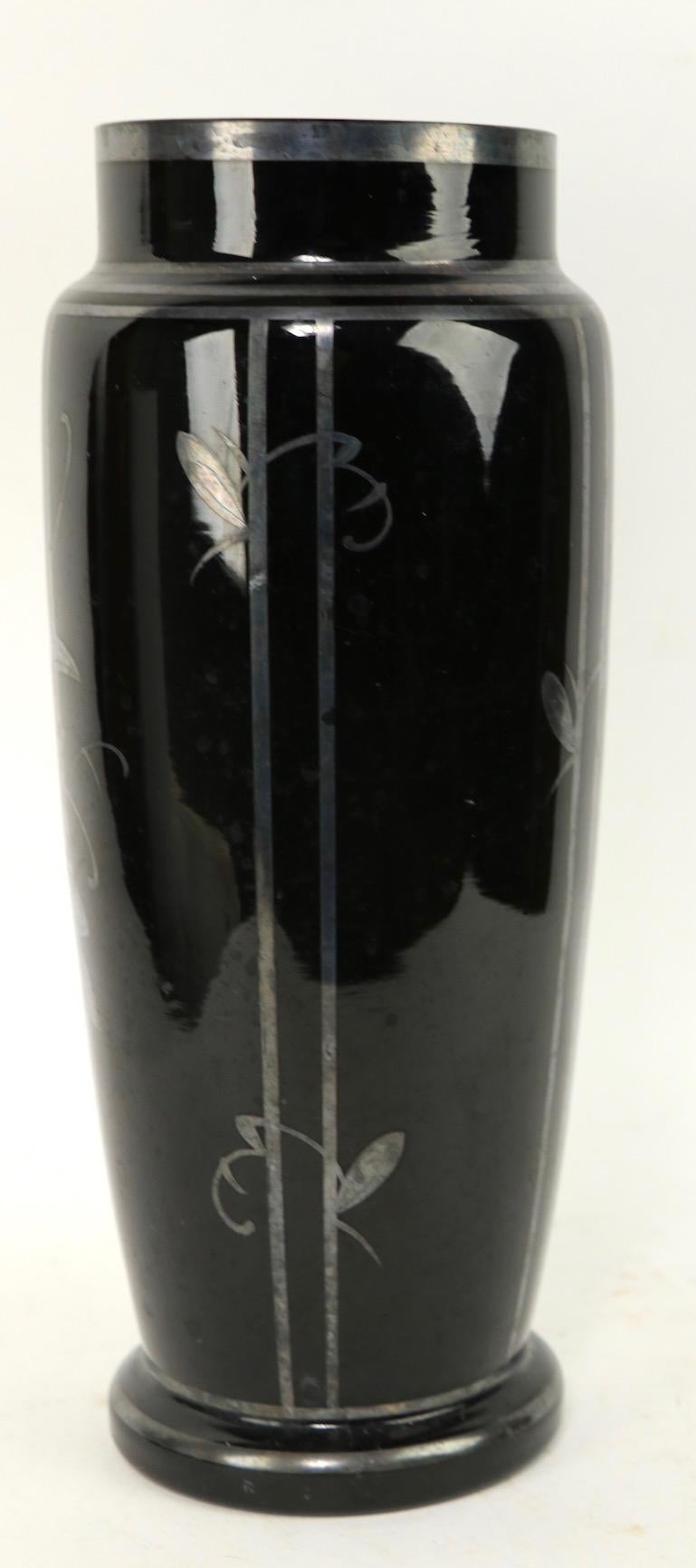 20th Century Czechoslovakian Art Glass Silver Deposit Vase in Black Glass