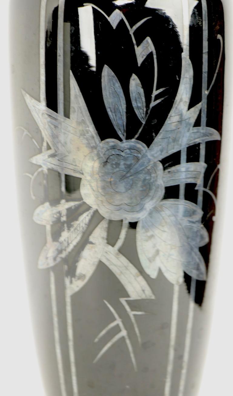 Czechoslovakian Art Glass Silver Deposit Vase in Black Glass 2