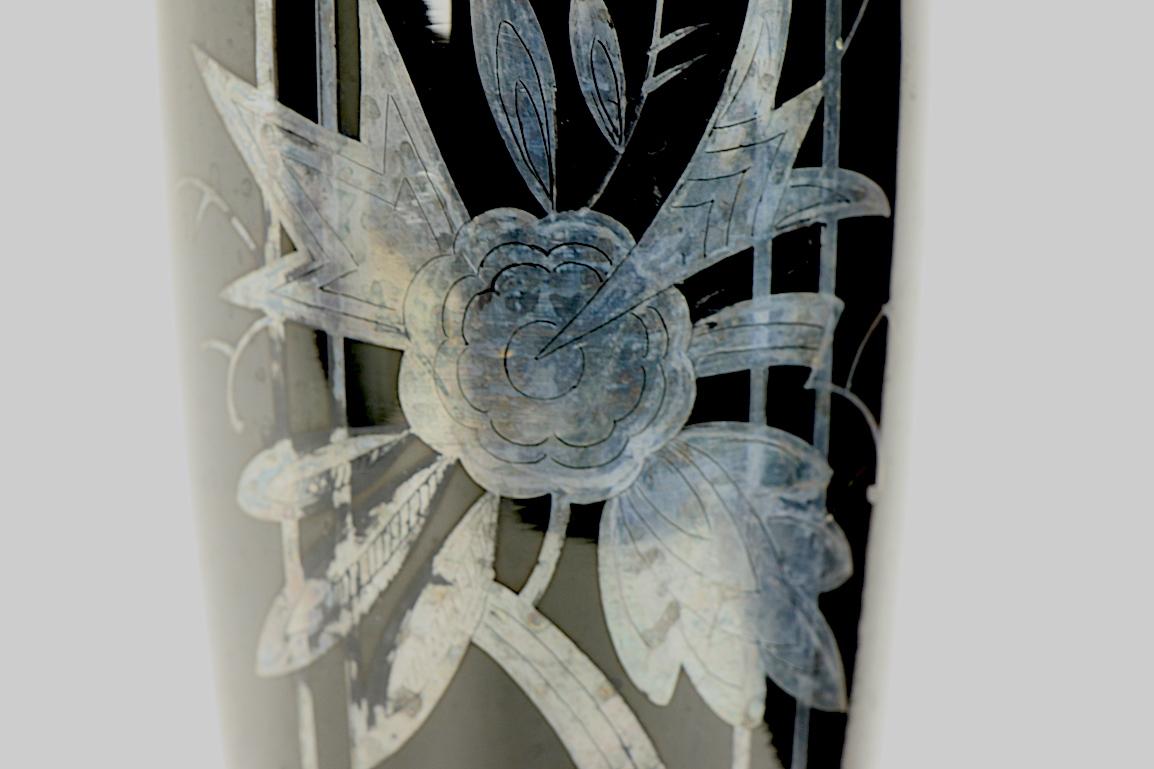 Czechoslovakian Art Glass Silver Deposit Vase in Black Glass 3