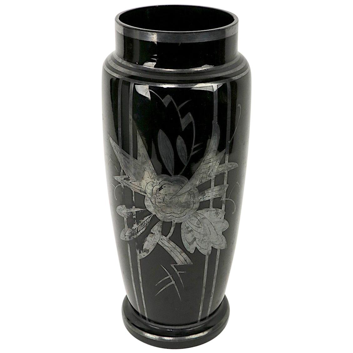 Czechoslovakian Art Glass Silver Deposit Vase in Black Glass
